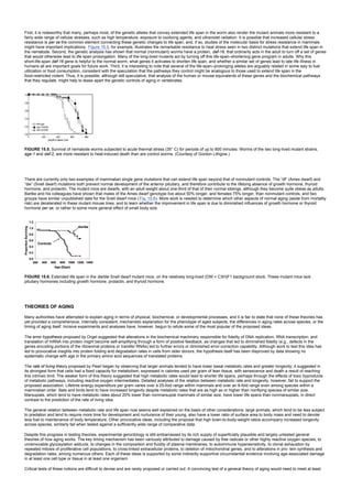 First, it is noteworthy that many, perhaps most, of the genetic alleles that convey extended life span in the worm also render the mutant animals more resistant to a
fairly wide range of cellular stresses, such as high temperature, exposure to oxidizing agents, and ultraviolet radiation. It is possible that increased cellular stress
resistance is per se the common element connecting these genetic changes to life span, and, if so, studies of the molecular basis for stress resistance in mammals
might have important implications. Figure 15.5, for example, illustrates the remarkable resistance to heat stress seen in two distinct mutations that extend life span in
the nematode. Second, the genetic analysis has shown that normal (nonmutant) worms have a protein, daf-16, that ordinarily acts in the adult to turn off a set of genes
that would otherwise lead to life span prolongation. Many of the long-lived mutants act by turning off this life-span–shortening gene program in adults. Why this
short-life-span daf-16 gene is helpful to the normal worm, what genes it activates to shorten life span, and whether a similar set of genes lead to late life illness in
humans all are important goals for future work. Third, it is interesting to note that several of the life-span–prolonging alleles are arguably related in some way to fuel
utilization or food consumption, consistent with the speculation that the pathways they control might be analogous to those used to extend life span in the
food-restricted rodent. Thus, it is possible, although still speculative, that analysis of the human or mouse equivalents of these genes and the biochemical pathways
that they regulate, might help to tease apart the genetic controls of aging in vertebrates.
FIGURE 15.5. Survival of nematode worms subjected to acute thermal stress (35° C) for periods of up to 800 minutes. Worms of the two long-lived mutant strains,
age-1 and daf-2, are more resistant to heat-induced death than are control worms. (Courtesy of Gordon Lithgow.)
There are currently only two examples of mammalian single gene mutations that can extend life span beyond that of nonmutant controls. The “df” (Ames dwarf) and
“dw” (Snell dwarf) mutations both prevent normal development of the anterior pituitary, and therefore contribute to the lifelong absence of growth hormone, thyroid
hormone, and prolactin. The mutant mice are dwarfs, with an adult weight about one-third of that of their normal siblings, although they become quite obese as adults.
Bartke and his colleagues have shown that males of the Ames dwarf genotype live about 50% longer, and females 75% longer, than nonmutant controls, and two
groups have similar unpublished data for the Snell dwarf mice ( Fig. 15.6). More work is needed to determine which other aspects of normal aging (aside from mortality
risk) are decelerated in these mutant mouse lines, and to learn whether the improvement in life span is due to diminished influences of growth hormone or thyroid
hormone per se, or rather to some more general effect of small body size.
FIGURE 15.6. Extended life span in the dw/dw Snell dwarf mutant mice, on the relatively long-lived (DW × C3H)F1 background stock. These mutant mice lack
pituitary hormones including growth hormone, prolactin, and thyroid hormone.
THEORIES OF AGING
Many authorities have attempted to explain aging in terms of physical, biochemical, or developmental processes, and it is fair to state that none of these theories has
yet provided a comprehensive, internally consistent, mechanistic explanation for the phenotype of aged subjects, the differences in aging rates across species, or the
timing of aging itself. Incisive experiments and analyses have, however, begun to refute some of the most popular of the proposed ideas.
The error hypothesis proposed by Orgel suggested that alterations in the biochemical machinery responsible for fidelity of DNA replication, RNA transcription, and
translation of mRNA into protein might become self-amplifying through a form of positive feedback, as changes that led to diminished fidelity (e.g., defects in the
genes encoding portions of the ribosomal proteins or transfer RNAs) led to further errors or diminished error-correction capability. Although work to test this idea has
led to provocative insights into protein folding and degradation rates in cells from older donors, the hypothesis itself has been disproved by data showing no
systematic change with age in the primary amino acid sequences of translated proteins.
The rate of living theory proposed by Pearl began by observing that larger animals tended to have lower basal metabolic rates and greater longevity; it suggested in
its strongest form that cells had a fixed capacity for metabolism, expressed in calories used per gram of lean tissue, with senescence and death a result of reaching
this intrinsic limit. The weaker form of this theory suggested that high metabolic rates would lead to shorter life spans, perhaps through the effects of toxic byproducts
of metabolic pathways, including reactive oxygen intermediates. Detailed analyses of the relation between metabolic rate and longevity, however, fail to support the
proposed association. Lifetime energy expenditure per gram varies over a 25-fold range within mammals and over an 8-fold range even among species within a
mammalian order. Bats and birds tend to have increased longevity despite metabolic rates that are as high as or higher than nonflying species of similar size.
Marsupials, which tend to have metabolic rates about 20% lower than nonmarsupial mammals of similar size, have lower life spans than nonmarsupials, in direct
contrast to the prediction of the rate of living idea.
The general relation between metabolic rate and life span now seems well explained on the basis of other considerations: large animals, which tend to be less subject
to predation and tend to require more time for development and nurturance of their young, also have a lower ratio of surface area to body mass and need to devote
less fuel to maintenance of body temperature. Other provocative ideas, including the proposal that high brain-to-body-weight ratios accompany increased longevity
across species, similarly fail when tested against a sufficiently wide range of comparative data.
Despite this progress in testing theories, experimental gerontology is still embarrassed by its rich supply of superficially plausible and largely untested general
theories of how aging works. The key timing mechanism has been variously attributed to damage caused by free radicals or other highly reactive oxygen species, to
unremovable glycosylation adducts, to changes in the composition and fluidity of plasma membranes, to autoimmune hypersensitivity, to clonal exhaustion by
repeated mitosis of proliferative cell populations, to cross-linked extracellular proteins, to deletion of mitochondrial genes, and to alterations in pro- tein synthesis and
degradation rates, among numerous others. Each of these ideas is supported by some indirectly supportive circumstantial evidence involving age-associated damage
in at least one cell type or tissue in at least one organism.
Critical tests of these notions are difficult to devise and are rarely proposed or carried out. A convincing test of a general theory of aging would need to meet at least
 