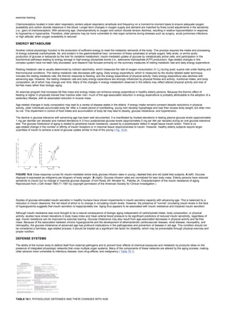 exercise training.
Chemoreceptors located in brain stem respiratory centers adjust respiratory amplitude and frequency on a moment-to-moment basis to ensure adequate oxygen
availability and carbon dioxide clearance in the blood. Longer-term changes in oxygen supply and demand are matched by finely tuned adjustments in the sensitivity
(i.e., gain) of chemoreceptors. With advancing age, chemosensitivity to oxygen and carbon dioxide tension declines, resulting in relative hypoventilation in response
to hypoxemia or hypercarbia. Therefore, older persons may be more vulnerable to vital organ ischemia during stresses such as surgery, acute pulmonary infections,
or high altitude, when oxygen availability is reduced.
ENERGY METABOLISM
Another critical physiologic function is the production of sufficient energy to meet the metabolic demands of the body. This process requires the intake and processing
of energy substrate (carbohydrate, fat, and protein) in the gastrointestinal tract; conversion of these substrates to simple sugars, fatty acids, or amino acids;
production of glucose or ketoacids by the liver for oxidative metabolism; insulin-mediated uptake of glucose by metabolically active cells; and participation in the
biochemical pathways leading to energy storage in high-energy phosphate bonds (i.e., adenosine triphosphate [ATP] production). Age-related changes in this
complex system have not been fully elucidated, and research has focused primarily on the summary measures of resting metabolic rate and daily energy expenditure.
Resting metabolic rate is usually determined by indirect calorimetry, which measures the rate of oxygen consumption (V O2) during quiet, supine rest under fasting and
thermoneutral conditions. The resting metabolic rate decreases with aging. Daily energy expenditure, which is measured by the doubly labeled water technique,
includes the resting metabolic rate, the thermic response to feeding, and the energy expenditure of physical activity. Daily energy expenditure also declines with
advancing age. However, the resting metabolic rate and daily energy expenditure are strongly influenced by physical fitness and activity, nutritional intake, and body
composition, all of which may change over time. Many of the changes in energy metabolism observed in the elderly may reflect altered physical activity and loss of
fat-free mass rather than biologic aging.
An exercise program that increases fat-free mass and energy intake can enhance energy expenditure in healthy elderly persons. Because the thermic effect of
feeding is higher in physically trained than inactive older men, much of the age-associated reduction in energy expenditure is probably attributable to the adoption of a
sedentary lifestyle, with its associated reduction in muscle mass.
Age-related changes in body composition may lead to a variety of disease states in the elderly. If energy intake remains constant despite reductions in physical
activity, older individuals accumulate body fat. After a 3-week period of overfeeding, young men develop hypophagia and lose their excess body weight, but older men
do not. This impairment in control of food intake and accumulation of body fat may lead to obesity, glucose intolerance, and hypertension.
The decline in glucose tolerance with advancing age has been well documented. It is manifested by modest elevations in fasting plasma glucose levels (approximately
1 mg per deciliter per decade) and marked elevations in 2-hour postprandial glucose levels (approximately 5 mg per liter per decade) during an oral glucose tolerance
test. The glucose intolerance of aging is related to peripheral insulin resistance, caused by a postreceptor defect in target tissue insulin action. There is no
age-related change in the number or affinity of insulin receptors or in maximal tissue responsiveness to insulin. However, healthy elderly subjects require larger
quantities of insulin to achieve a level of glucose uptake similar to that of the young ( Fig. 16.6).
FIGURE 16.6. Dose-response curves for insulin-mediated whole body glucose infusion rates in young ( dashed line) and old (solid line) subjects. A (left): Glucose
disposal is expressed as milligrams per kilogram of body weight. B (right): Glucose infusion rates are normalized for lean body mass. Elderly persons have reduced
sensitivity to insulin but no change in maximal glucose disposal. (From Rowe JW, Minaker KL, Pallotta JA. Characterization of the insulin resistance of aging.
Reproduced from J Clin Invest 1983;71:1581 by copyright permission of the American Society for Clinical Investigation.)
Studies of glucose-stimulated insulin secretion in healthy humans have shown impairments in insulin secretory capacity with advancing age. This is balanced by a
reduction in insulin clearance, the net result of which is no change in circulating insulin levels. However, the presence of “normal” circulating insulin levels in the face
of hyperglycemia suggests that insulin secretion is inappropriately low. Aging thus appears to be associated with insulin resistance and impaired insulin secretion.
Although insulin resistance was once thought to be a natural consequence of biologic aging independent of carbohydrate intake, body composition, or physical
activity, studies have shown elevations in body mass index and mean arterial blood pressure to be significant predictors of reduced insulin sensitivity, regardless of
age. Insulin resistance can be improved by exercise training. Glucose intolerance may also result from age-associated decreases in physical activity and fat-free
mass. Because of the association between chronic hyperglycemia and the development of atherosclerotic cardiovascular disease, renal disease, neuropathy, and
retinopathy, the glucose intolerance of advanced age has profound implications in the pathogenesis and prevention of disease in old age. This condition should not
be considered a harmless, age-related process; it should be treated as a significant risk factor for disability, which may be preventable through physical exercise and
proper nutrition.
DEFENSE SYSTEMS
The ability of the human body to defend itself from external pathogens and to prevent toxic effects of chemical exposures and metabolic by-products relies on the
presence of integrated physiologic networks that cross multiple organ systems. Many of the components of these networks are altered by the aging process, making
older persons more vulnerable to infectious disease, toxic drug effects, and malignancy ( Table 16.1).
TABLE 16.1. PHYSIOLOGIC DEFENSES AND THEIR CHANGES WITH AGE
 