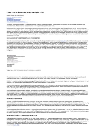 CHAPTER 18: HOST–MICROBE INTERACTION
Kelley’s Textbook of Internal Medicine
CHAPTER 18: HOST–MICROBE INTERACTION
HERBERT L. DUPONT AND LILIANA RODRIGUEZ
Mechanisms of Host Resistance to Infection
Microbial Virulence
Microbial Assaults and Evasion Tactics
Host Genetics and Infectious Diseases
Clinical Manifestations of Host–Microbe Interactions
Immunopathology and Immunosuppression During Infection
The normal population of microflora in humans is composed of several complex ecosystems. The organisms occupy space and use substrate on external body
mucosal surfaces. The endogenous flora are involved in the body's metabolic activity at all levels.
Disease may be caused by resident organisms and other microbial invaders through three mechanisms: their ability to adhere to host tissues, as characteristically
seen in the oral cavity; their shear numbers, as found on heavily contaminated mucosal surfaces; and their capacity to produce disease or virulence, as in the case of
Neisseria meningitidis in the upper respiratory tract or Salmonella typhi in the gallbladder and gastrointestinal tract. Host defenses must remain on guard continually,
because with altered host resistance, even indigenous flora with normally low pathogenic potential may cause disease. Infection usually can be explained by one or
more of the following conditions: presence of a virulent organism to which the host is exposed, a large inoculum of the organism, and reduced resistance (increased
susceptibility) of the host.
MECHANISMS OF HOST RESISTANCE TO INFECTION
The body possesses many mechanisms, both nonspecific and specific, designed to deter potential invaders ( Table 18.1). Most of the infectious agents encountered
are prevented from entering the body by a variety of biochemical and physical barriers. Several critical mechanical barriers to infection include the skin and mucous
membranes. The substrate on the skin and the dietary contents of the gastrointestinal tract facilitates the growth of flora that inhibit more hostile organisms in their
attempt to gain access to the body. The sebaceous glands on the skin surface produce free fatty acids, which, together with organic acids produced by bacterial flora
and locally produced substances such as lysozyme and lactoferrin, inhibit organisms that might otherwise colonize the surfaces. Lysozyme is found in tears, saliva,
nasal secretions, and other body fluids. The enzyme lyses the cell wall of certain bacteria. Lactoferrin is an iron-binding protein produced from the granules of
polymorphonuclear leukocytes. This substance competes for available iron in the environment, depriving the adjacent microorganisms of a compound essential for
their growth.
TABLE 18.1. HOST DEFENSES AGAINST MICROBIAL INVADERS
The acidic environment of the stomach and vagina are not suitable for growth by most bacteria, preventing delivery of important numbers of bacteria to the small
bowel, which would result in malabsorption and diarrhea, or to the urethra, which may be important in the pathogenesis of urinary tract infection.
Motility of the gastrointestinal tract and ureters, along with frequent voiding of the urinary bladder, limits colonization of potential pathogens. Exfoliation of skin and cell
shedding of the respiratory and intestinal epithelium also helps to limit the extent of local infection.
The lining of the respiratory tract entraps inhaled microorganisms larger than 5 µm in diameter and carries them to the upper respiratory tract from the more sensitive
lower parts of the lung by means of the mucociliary flow apparatus. Smaller microorganisms are cleared by alveolar macrophages if they are not too numerous or too
virulent. Sneezing and coughing help to clear the respiratory tract of microbial colonizers.
Acute inflammation involving capillary dilatation, movement of leukocytes and plasma proteins into the tissue from the circulation, and subsequent phagocytosis
represents a primary defense against most bacterial pathogens. The microbes that escape the nonspecific defenses and multiply in body tissues face a sophisticated
immune system mounted to localize the process and eradicate them. Other local host defenses include complement, opsonins, a variety of chemical mediators, and
other immune factors of humoral and cellular defenses. Monocytes and macrophages may release cytokines, which are important in modulating the immune system.
In the defense against certain viral infections, interferons, natural killer cells, and antibody-dependent cytotoxic cells can limit the infection.
MICROBIAL VIRULENCE
The most successful parasites are those living in harmony with the host. Pathogenic organisms that harm their hosts usually possess well-defined virulence
characteristics. However, disease can result from relatively nonpathogenic organisms when abnormally high concentrations of the agent are present, as occurs during
antibiotic inhibition of normal flora that allows unchecked growth of resistant organisms, or when the host's immunity is depressed. An increased inoculum of a
pathologic agent and immunodepression often participate in infections, such as a gram-negative superinfection (new infection) in a diabetic receiving an antimicrobial
agent.
Two parameters to measure microbial virulence in experimental animal models are infectious dose (ID) and lethal dose (LD). The ID 25 is the dose of a microbial strain
that infects 25% of the exposed animals (often mice). The LD25 is the dose that results in death of 25% of the exposed animals. These measures are used to compare
the relative virulence of various bacterial isolates. Specific virulence mechanisms are discussed in a subsequent section.
MICROBIAL ASSAULTS AND EVASION TACTICS
Potential pathogens may attack the body by the oral route through ingestion (e.g., Shigella, Salmonella, Brucella, poliovirus, hepatitis A and E), after inhalation (e.g.,
Mycobacterium tuberculosis, Legionella pneumophila, Histoplasma capsulatum), or by direct penetration of intact barriers (e.g., Clostridium tetani, Rickettsia, sexually
transmitted diseases). How a microorganism infects humans is often determined by the organism's resistance to stomach acid, its ability to directly invade tissues, the
presence of an insect vector, the finding of the organism in the respiratory tract of carriers, a potential for the organism to grow in respiratory equipment or
air-conditioning systems, and the fragility of the organism in the environment. Most of the frankly pathogenic organisms possess one or more well-defined virulence
mechanisms (Table 18.2).
 