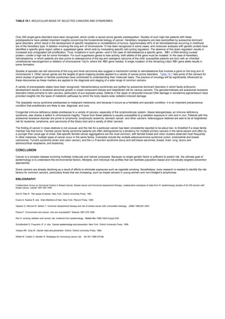 TABLE 19.1. MOLECULAR BASIS OF SELECTED CANCERS AND SYNDROMES
Over 200 single-gene disorders have been recognized, which confer a cancer-prone genetic predisposition. Studies of such high-risk patients with these
predispositions have yielded important insights concerning the fundamental biology of cancer. Hereditary neoplasms are best exemplified by autosomal dominant
gene disorders, which result in the development of specific neoplasms or constellations of tumors. Approximately 40% of all retinoblastomas occurring in childhood
are of the hereditary type. A deletion involving the long arm of chromosome 13 has been recognized in some cases, and molecular analyses with genetic probes have
identified a specific gene region called a suppressor gene, which acts by modulating specific cell-cycling regulators. The absence of this down-regulation results in
increased and unregulated cell proliferation. Thus, mutations in such genes—and in the case of retinoblastoma a specific gene, RB1, a DNA-binding nuclear
protein—confer a high risk for tumor formation. For such suppressor genes to lose activity, both alleles of the gene must be mutated. In the case of hereditary
retinoblastoma, in which patients are also prone to osteosarcoma of the leg and radiogenic sarcoma of the orbit, susceptible patients are born with an inherited
constitutional rearrangement or deletion of chromosome 13q14, where the RB1 gene resides. A single mutation of the remaining intact RB1 gene allele results in
tumor formation.
Studies of sporadic oat cell carcinoma of the lung and renal carcinoma also suggest a mechanism similar to retinoblastoma that involves a gene on the long arm of
chromosome 3. Other cancer genes are the targets of gene-mapping studies applied to a variety of cancer-prone disorders. Table 19.1 lists some of the cancers for
which studies of genetic or familial syndromes have contributed to understanding their molecular basis. The practice of oncology will be significantly influenced by
these discoveries as these markers are applied to the diagnosis and staging of a wide range of common cancers.
A variety of preneoplastic states have been recognized. Hamartomatous syndromes are typified by autosomal dominant disorders in which faulty embryonic
development results in localized abnormal growth in mixed component tissues and heightened risk for various cancers. The genodermatoses are autosomal recessive
disorders linked primarily to skin cancers, particularly of sun-exposed areas. Defects in the repair of ultraviolet-induced DNA damage in xeroderma pigmentosum have
provided insights into the types of metabolic pathways by which the body repairs solar radiation-induced damage.
The dysplastic nevus syndrome predisposes to malignant melanoma, and because it occurs as a heritable and sporadic condition, it is an important precancerous
condition that practitioners are likely to see, diagnose, and cure.
Congenital immune deficiency states predispose to a variety of cancers, especially of the lymphoreticular system. Ataxia telangiectasia, an immune deficiency
syndrome, also shares a defect in chromosome fragility. Tissue from these patients is usually susceptible to g-radiation exposure in vitro and in vivo. Patients with this
autosomal recessive disorder are prone to lymphoma, lymphocytic leukemia, stomach cancer, and other cancers; heterozygous relatives are said to be at heightened
risk for leukemia, lymphoma, and carcinoma of the biliary tract and a variety of other cancers.
The finding of cancer in close relatives is not unusual, and the risk for a particular cancer has been consistently reported to be about two- to threefold if a close family
member has that tumor. Familial cancer family syndrome patients are often distinguished by a tendency for multiple primary cancers in the same person and often by
a younger than usual age of onset. Site-specific familial cancer aggregations are the most common, with familial breast and colon clusters observed most frequently.
In other instances, multiple types of cancer occur in the same family. Examples include the multiple adenocarcinoma syndrome (colon, endometrial and breast
carcinoma); Turcot's syndrome (brain and colon cancer); and the Li–Fraumeni syndrome (bony and soft tissue sarcomas, breast, brain, lung, larynx and
adrenocortical neoplasms, and leukemia).
CONCLUSION
Cancer is a complex disease involving multistep molecular and cellular processes. Because no single genetic factor is sufficient to predict risk, the ultimate goal of
epidemiology is to understand the environmental factors, lifestyles, and individual risk profiles that can facilitate population-based and individually targeted prevention
approaches.
Some cancers are already declining as a result of efforts to eliminate exposures such as cigarette smoking. Nonetheless, more research is needed to identify the risk
factors for common cancers, particularly those that are increasing, such as breast cancers in young women and non-Hodgkin's lymphomas.
BIBLIOGRAPHY
Collaborative Group on Hormonal Factors in Breast Cancer. Breast cancer and hormonal replacement therapy: collaborative reanalysis of data from 51 epidemiologic studies of 52,705 women with
breast cancer. Lancet 1997;350:1484.
Doll R, Peto R. The cause of cancer. New York, Oxford University Press, 1981.
Evans A, Kaslow R, eds. Viral infections of man. New York: Plenum Press, 1995.
Gapstur S, Morrow M, Sellers T. Hormone replacement therapy and risk of breast cancer with a favorable histology. JAMA 1999;281:2091.
Perera F. Environment and cancer: who are susceptible? Science 1997;278:1068.
Ron E. Ionizing radiation and cancer risk: evidence from epidemiology. Radiat Res 1998;150(5 Suppl):S30.
Schottenfeld D, Fraumeni JF Jr, eds. Cancer epidemiology and prevention. New York: Oxford University Press, 1996.
Vessey MP, Gray M. Cancer risks and prevention. Oxford: Oxford University Press, 1985.
Willett W, Colditz G, Mueller N. Strategies for minimizing cancer risk. Sci Am 1996;375:88.
 