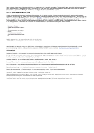 higher incidence of lung cancer in participants receiving the beta-carotene/retinyl palmitate combination. Participants with higher serum beta-carotene concentrations,
which reflect total intake of vegetables and fruits, at entry into both the ATBC study and CARET developed fewer lung cancers, even among those who received
beta-carotene supplements, reaffirming the importance of including an abundance of plant foods in our diets.
ROLE OF PHYSICIAN IN DIET MODIFICATION
An ever-increasing amount of evidence supports a relation between diet and cancer—the clear implication being that modification of behavior has considerable
potential for reducing cancer risk. The NCI and various other scientific organizations have developed similar interim dietary guidelines directed at reducing cancer risk
while research continues. The NCI's guidelines are outlined in Table 22.2. In addition to reducing cancer risk, these guidelines are likely to benefit overall health. At
present, average Americans consume too much fat (more than the 30% or less recommended), the wrong types of fat (too much saturated fat, too little
monounsaturated fat), too little fiber, and too few vegetables, fruits, and whole grains. Physicians should take the lead in advising and encouraging patients to adhere
to the dietary guidelines. Collaboration with nutritionists and registered dietitians to help patients in modifying their diets is essential.
TABLE 22.2. NATIONAL CANCER INSTITUTE DIETARY GUIDELINES
Information from the Physician Data Query (PDQ) system, a comprehensive database that provides peer-reviewed information on the latest results in cancer
prevention, screening, treatment, and supportive care, is available at (800)-4-CANCER as well as online at http://cancernet.nci.nih.gov/market1.html.
BIBLIOGRAPHY
Dockery DW, Trichopoulos D. Risk of lung cancer from environmental exposures to tobacco smoke. Cancer Causes Control 1997;8:333.
Fiore MC, Bailey WC, Cohen SJ, et al. Smoking cessation: clinical practice guideline. No. 18. Rockville, MD (USA): US Department of Health and Human Services, Public Health Service, Agency for
Health Care Policy and Health Research, April 1996, AHCPR Pub. No. 96-0692.
Hughes JR, Goldstein MG, Hurt RD, Shiffman S. Recent advances in the pharmacotherapy of smoking. JAMA 1999;281:72.
Greenwald P. Role of dietary fat in the causation of breast cancer: point. Cancer Epidemiol Biomarkers Prev 1999;8:3.
Kviz FJ, Clark MA, Hope H, Davis AM. Patients' perceptions of their physician's role in smoking cessation by age and readiness to stop smoking. Prev Med 1997;26:340.
Lipworth L, Martínez ME, Angell J, et al. Olive oil and human cancer: an assessment of the evidence. Prev Med 1997;26:181.
Patterson RE, White E, Kristal AR, et al. Vitamin supplements and cancer risk: the epidemiologic evidence. Cancer Causes Control 1997;8:786.
Steinmetz KA, Potter JD. Vegetables, fruit, and cancer prevention: a review. J Am Diet Assoc 1996;96:1027.
US Department of Health and Human Services. Physical Activity and Health: A Report of the Surgeon General. Atlanta: US Department of Human Services, Centers for Disease Control and
Prevention, National Center for Chronic Disease Prevention and Health Promotion, 1996.
World Cancer Research Fund. Food, nutrition, and the prevention of cancer: a global perspective. Washington, DC. American Institute for Cancer Research, 1997.
 