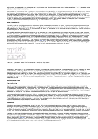 Heart Program, the age-adjusted CHD mortality rate (per 1,000) for middle-aged Japanese-American men living in Hawaii declined from 4.7 to 2.9, which was similar
to the decline observed for U.S. white men.
Rates of CHD vary dramatically by state, suggesting that environmental and sociocultural factors are important etiologic elements. The rates of CHD in such states as
New Mexico and Hawaii are about one-half the rates in New York and Oklahoma. Patterns of CHD also differ among nations. European countries tend to have very
high rates compared with those of Asian countries and several countries along the Mediterranean. The United States is in the middle of the range. CVD (more
specifically, CHD) is the leading cause of death globally, with a majority of deaths occurring in developing nations. Even among those 30 to 69 years old, CVD death
exceeds the number of deaths for infectious and parasitic diseases in all populations except those in sub-Saharan Africa, where the death rates are nearly equal. As
we begin the new millennium, the rising epidemic of CVD will impart a tremendous burden in terms of death, disability, and health care costs. Fortunately, a
substantial proportion of CVD and CHD is preventable through risk factor avoidance and modification.
RISK ASSESSMENT
Evaluation of CHD risk involves measurement and determination of both modifiable and nonmodifiable risk factors. Epidemiologic studies have established several
major modifiable risk factors for CHD, including cigarette smoking, hypertension, dyslipidemia, diabetes mellitus, obesity, sedentary lifestyle, and improper nutrition.
Age, male gender, and family history of CVD are also independent risk factors, but because they are not modifiable, they are considered more important for predicting
risk than for targeted risk factor management.
Data from the Framingham Heart Study have shown that the risk associated with a given risk factor varies as a function of the number and level of other concurrent
risk factors. Assessment of risk can involve calculation of the relative risk and/or absolute risk associated with a given factor. The relative risk is a ratio that compares
the incidence of disease in a population of individuals with a certain characteristic to a population without the characteristic and is important in understanding causal
factors for CHD. Absolute risk is the probability that the disease will develop in an individual with a certain characteristic or set of characteristics during a specified
time interval. Quantitative global risk assessment is useful because information about a constellation of risk factors provides better prediction than that for a single
factor. Moreover, it allows for identification of a small segment of the population who will experience a large percentage of CHD events. An example of an absolute
risk assessment tool derived from Framingham data is shown in Table 29.1. A related concept is attributable risk, which is derived by subtracting the incidence rate of
disease in a population without the risk factor from the rate in a population with the risk factor. The attributable risk provides an estimate of how much CHD might be
reduced if the risk factor were eliminated; this estimate is important for public health purposes and for prioritizing risk factors.
TABLE 29.1. CORONARY HEART DISEASE RISK FACTOR PREDICTION CHARTa
Assessment of family history of CHD provides valuable information for evaluating an individual's level of risk. Familial aggregation of CHD and antecedent risk factors
is well established; contributing further to these risks are genetic influences and shared environmental and cultural factors. About one-half of the variability in
quantitative risk factors for CHD are due to genetic factors. The risk of CHD is substantially higher among first-degree relatives of patients with premature heart
disease, even when classic risk factors are similar to those of persons without a family history of early CVD. The magnitude of increased CHD risk is dependent upon
the definition of premature disease. Persons with a positive family history of a coronary event or revascularization before the age of 55 years have between two and
one-half and four times the risk of CHD compared with persons without such a family history. These data underscore the importance of taking a careful family history
in evaluating CHD risk.
MAJOR RISK FACTORS
Cigarette Smoking
Cigarette smoking is a completely preventable cause of CHD and accounts for 30% to 40% of all CVD deaths. Smokers have a twofold increase in risk of CHD
compared with nonsmokers and a two- to fourfold increase in risk of sudden death. Despite the well-established consequences of smoking, approximately 25% of
adults are smokers. Smoking rates have declined 42% since 1965; however, the downward trend has leveled off, and rates are rising among adolescents. Exposure to
passive smoke is also a risk factor, and 43% of American children aged 2 months to 11 years are exposed to environmental smoke in the home. Filtered or low-yield
cigarettes do not eliminate risk. Cigar and pipe smoking without inhalation do not carry the same risk as cigarette smoking.
Factors proposed to explain the accelerated risk of CHD and precipitation of events among smokers include endothelial damage, dyslipidemia, elevation of blood
pressure and heart rate, increased myocardial oxygen demand, reduced oxygen available to the myocardium, vasospasm, increased platelet activation, and increased
reactive oxygen species. Smoking cessation has immediate benefits on the cardiovascular system, and after the initial year of cessation, risk drops dramatically. After
5 years of abstinence, risk is nearly equal to that of a nonsmoker. Counseling and nicotine replacement and other forms of pharmacotherapy should be provided in
conjunction with behavioral therapy or a formal cessation program, as indicated.
Hypertension
Hypertension is considered a disease entity as well as a risk factor for CHD. High blood pressure is the most prevalent of all CVDs, afflicting 25% of adults.
Hypertension is typically defined as systolic blood pressure ³140 mm Hg or diastolic blood pressure ³90 mm Hg or the need for treatment with antihypertensive
therapy. The prevalence of high blood pressure is greater in blacks than whites. In hypertensive black men and women, 30% and 20%, respectively, of all deaths are
attributable to hypertension. More men than women have high blood pressure until age 55 years, after which the rate in women exceeds that in men. After the age of
45 years, more than one-half of women have elevated blood pressure. Persons living in the southeastern United States also have a high prevalence of hypertension.
The risk of CHD and stroke increases continuously with rising systolic and diastolic blood pressure. For example, the rate of coronary events is doubled when the
diastolic blood pressure is greater than 105 mm Hg. The sixth report of the Joint National Committee on Detection, Evaluation, and Treatment of High Blood Pressure
(JNC VI) defines an optimal blood pressure as less than 120/80 mm Hg and provides a classification system and recommendations for follow-up based on blood
pressure measurement (Table 29.2). Blood pressure is strongly influenced by genetics; however, there are many environmental and behavioral determinants.
Important modifiable contributing factors are excess sodium intake among susceptible individuals, obesity, weight gain, alcohol intake, and sedentary lifestyle. A diet
rich in fruits and vegetables has been shown to lower mild to moderately elevated blood pressure effectively.
 