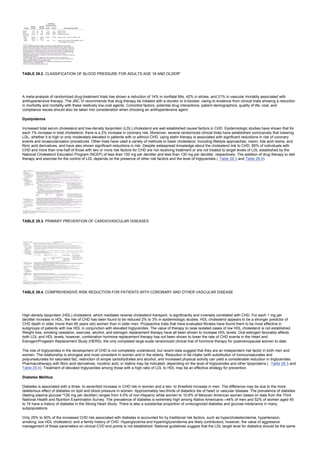 TABLE 29.2. CLASSIFICATION OF BLOOD PRESSURE FOR ADULTS AGE 18 AND OLDERa
A meta-analysis of randomized drug-treatment trials has shown a reduction of 14% in nonfatal MIs, 42% in stroke, and 21% in vascular mortality associated with
antihypertensive therapy. The JNC VI recommends that drug therapy be initiated with a diuretic or b-blocker, owing to evidence from clinical trials showing a reduction
in morbidity and mortality with these relatively low-cost agents. Comorbid factors, potential drug interactions, patient demographics, quality of life, cost, and
compliance issues should also be taken into consideration when choosing an antihypertensive agent.
Dyslipidemia
Increased total serum cholesterol and low-density lipoprotein (LDL) cholesterol are well established causal factors in CHD. Epidemiologic studies have shown that for
each 1% increase in total cholesterol, there is a 2% increase in coronary risk. Moreover, several randomized clinical trials have established conclusively that lowering
LDL, whether it is high or only moderately elevated in patients with or without CHD, using statin therapy is associated with significant reductions in risk of coronary
events and revascularization procedures. Other trials have used a variety of methods to lower cholesterol, including lifestyle approaches, niacin, bile acid resins, and
fibric acid derivatives, and have also shown significant reductions in risk. Despite widespread knowledge about the cholesterol link to CHD, 85% of individuals with
CHD and more than one-half of those with two or more risk factors for CHD are not receiving treatment or are not treated to target levels of LDL established by the
National Cholesterol Education Program (NCEP) of less than 100 mg per deciliter and less than 130 mg per deciliter, respectively. The addition of drug therapy to diet
therapy and exercise for the control of LDL depends on the presence of other risk factors and the level of triglycerides ( Table 29.3 and Table 29.4).
TABLE 29.3. PRIMARY PREVENTION OF CARDIOVASCULAR DISEASES
TABLE 29.4. COMPREHENSIVE RISK REDUCTION FOR PATIENTS WITH CORONARY AND OTHER VASCULAR DISEASE
High-density lipoprotein (HDL) cholesterol, which mediates reverse cholesterol transport, is significantly and inversely correlated with CHD. For each 1 mg per
deciliter increase in HDL, the risk of CHD has been found to be reduced 2% to 3% in epidemiologic studies. HDL cholesterol appears to be a stronger predictor of
CHD death in older (more than 65 years old) women than in older men. Prospective trials that have evaluated fibrates have found them to be most effective in
subgroups of patients with low HDL in conjunction with elevated triglycerides. The value of therapy to raise isolated cases of low HDL cholesterol is not established.
Weight loss, smoking cessation, exercise, alcohol, and estrogen replacement therapy have all been shown to increase HDL levels. Oral estrogen favorably affects
both LDL and HDL levels; however, combination hormone replacement therapy has not been shown to lower the rate of CHD events in the Heart and
Estrogen/Progestin Replacement Study (HERS), the only completed large-scale randomized clinical trial of hormone therapy for postmenopausal women to date.
The role of triglycerides in the development of CHD is not completely understood, but recent data suggest that they are an independent risk factor in both men and
women. The relationship is strongest and most consistent in women and in the elderly. Reduction in fat intake (with substitution of monounsaturates and
polyunsaturates for saturated fat), restriction of simple carbohydrates and alcohol, and increased physical activity can yield a considerable reduction in triglycerides.
Pharmacotherapy with fibric acid derivatives, nicotinic acid, or statins may be indicated, depending on the level of triglycerides and other lipoproteins ( Table 29.3 and
Table 29.4). Treatment of elevated triglycerides among those with a high ratio of LDL to HDL may be an effective strategy for prevention.
Diabetes Mellitus
Diabetes is associated with a three- to sevenfold increase in CHD risk in women and a two- to threefold increase in men. The difference may be due to the more
deleterious effect of diabetes on lipid and blood pressure in women. Approximately two-thirds of diabetics die of heart or vascular disease. The prevalence of diabetes
(fasting plasma glucose ³126 mg per deciliter) ranges from 4.5% of non-Hispanic white women to 10.9% of Mexican American women based on data from the Third
National Health and Nutrition Examination Survey. The prevalence of diabetes is extremely high among Native Americans—44% of men and 52% of women aged 45
to 74 have a history of diabetes in the Strong Heart Study. There is also a substantial proportion of unrecognized diabetes and glucose intolerance in many
subpopulations.
Only 25% to 50% of the increased CHD risk associated with diabetes is accounted for by traditional risk factors, such as hypercholesterolemia, hypertension,
smoking, low HDL cholesterol, and a family history of CHD. Hyperglycemia and hypertriglyceridemia are likely contributors; however, the value of aggressive
management of these parameters on clinical CVD end points is not established. National guidelines suggest that the LDL target level for diabetics should be the same
 