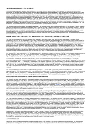 TWO SIGNALS REQUIRED FOR T-CELL ACTIVATION
It is evident that a multiplicity of regulatory steps exist to control this process. While the general process of clonal activation and expansion are common to all
lymphocytes, the regulatory steps obviously must be specific to each of the three main lymphocyte lineages to effect their separate control. In the case of the CD4 or
CD8 T cell, one or more second signals are required that are provided by the activated antigen-presenting cell. Without these second signals the T cell responds by
entering an anergic or tolerized state, presumably to safeguard against stimulation by self-peptides. A dendritic cell, derived from a macrophage precursor, is
specially constituted to effectively provide these costimulatory signals. Most CD4 T-cell responses are initiated by antigen presentation by a dendritic cell and then
subsequently expanded by subsequent presentation of the same antigen by a macrophage or a B cell, both of which express class II MHC molecules and have the
appropriate endocytic processing pathway. In the case of the B cell, internalization of the antigen is mediated by binding to the specific B-cell clonal receptor. The
critical second signal is provided by engagement of the CD28 molecule on the T cell with its ligand molecule, B7 (CD80, CD86), that is selectively expressed on the
surface of the activated antigen-presenting cell. Activation of the CD4 T cell by this two-signal mechanism also initiates a down-regulatory mechanism in the form of
the initiation of synthesis of the molecule CTLA-4 (CD152). This molecule competes with higher affinity to bind to the B7 molecule, making it unavailable to the T cell.
Furthermore, engagement of CTLA-4 by B7 activates an additional negative signaling pathway in the T cell.
The expression of several molecules on the surface of the activated T cell serves as clinically useful markers of the presence of T-cell activation. The most frequently
measured activation markers are the appearance of MHC class II molecules (HLA-DR), CD69, and CD40 ligand, all of which are undetectable on resting T cells. As
the cell continues its response to receptor engagement, the cell surface phenotype changes to reveal the appearance of new molecules such as integrins involved in
cell–endothelial adhesion and additional molecules responsible for the trafficking of the cell to particular sites. The problem of getting the lymphocyte that has been
activated in a lymph node to the site of inflammation where it is needed is solved by the presence of a variety of homing receptors that are expressed in a
combinatorial pattern to give some vascular anatomic specificity. The cells undergo the same sequence of rolling, activation, arrest, and diapedesis discussed above
in the section on innate immunity.
CENTRAL ROLE OF THE Th1 OR Th2 CD4 T CELL IN REGULATING B-CELL AND CD8T-CELL RESPONSE TO STIMULATION
The CD4 T cell occupies a central role in the regulation of the response of the B cell to antigen. While the B cell can be fully triggered to activation without
involvement of the CD4 T cell, the differentiation of the B cell to a plasma cell, and especially the class switch from IgM to IgG, requires a signal provided by the CD4
T cell. Importantly, the somatic maturation of B-cell affinity, which depends on the induction of mutation in the B-cell receptor and selection of progeny containing the
more avidly binding receptors, also requires CD4 T-cell help. The interaction is mediated by a regulatory cell–cell interaction that is somewhat similar to that between
CD28 and B7. The B cell constitutively expresses CD40 molecules and stimulation through this molecule by an activated CD4 T cell bearing the CD40 ligand
molecule is necessary for induction of these two features of B-cell differentiation. The CD40 ligand molecule is transiently expressed on the CD4 T cell for several
hours following activation of the T cell. This requirement for cognate interaction between a B cell and a CD4 T cell responding to the same antigen is an essential
mechanism to give specificity to the immune response. While T-cell cytokines such as IL-4 assist in this process, the cell–cell interaction is the biologically relevant
control of B-cell differentiation. This interaction between B cell and T cell occurs in the germinal center of the lymph node. It appears that each germinal center is
organized around the interaction of a particular clone of CD4 T cells and a clone of B cells undergoing class switching and somatic mutation.
One subset of CD4 T cells, designated the T h2 T cell, appears particularly specialized to engage in this interaction. The T h2 T cell is stimulated by peptides presented
by MHC class II molecules on the B cell. In turn, it becomes activated, expresses CD40 ligand molecules, and secretes IL-4, IL-5, IL-10, and IL-13, fostering
high-affinity IgG antibody production by the B cell. The decay of expression of CD40 ligand on the T h2 T cell stops the provision of the cognate help activity.
A second subset of CD4 T cells, designated the Th1 T cell, is primarily involved in either activating macrophages via secretion of IFN-g or in inducing the
differentiation of precursor CD8 T cells to cytolytic effector CD8 T cells. The most characteristic difference between T h1 and Th2 CD4 T cells is that Th1 T cells secrete
IFN-g upon stimulation, while Th2 T cells secrete IL-4 and related B-cell cytokines. Analogously to the interaction of the T h2 cell, the Th1 cell is capable of reacting to
antigen presented by the macrophage by in turn fostering further specific activation of the presenting macrophage. T h1 cells also secrete abundant IL-2. The second
role of the CD4 T cell in inducing the differentiation of the CD8 T cell is, however, primarily carried out on the surface of dendritic cells, forming a three-cell complex.
The CD40–CD40 ligand system also plays a critical role in these cognate interactions, with the activated CD4 T h1 cell also transiently expressing the CD40 ligand
molecule.
The development of a given CD4 T cell to acquire the T h1 or Th2 phenotype is a property of the cytokine milieu and is possibly influenced by the intensity of the
signaling through the TCR. Members of a given CD4 T-cell clone can differentiate to either T h1 or Th2 status. The presence of IL-12 results in a naive T cell acquiring
the h1 phenotype, while the presence of IL-4 fosters the development of the T h2 phenotype. The activation status of the cells of the innate immune system plays a
major role in this determination, with activated macrophages or dendritic cells a source of IL-12, whereas NK cells are a source of IL-4.
FORMATION OF THE ADAPTIVE IMMUNE SYSTEM LYMPHOCYTE REPERTOIRES
The enormous size of the initial repertoire of clones bearing different T- and B-cell antigen–specific receptors necessitates that they each be developed by a somatic
mechanism in which a limited series of gene elements are joined in a diversification process that produces well in excess of 10 15
different clones. Otherwise, there is
insufficient germ line DNA in a cell to encode these repertoires. The Ig heavy chain and the T-cell b chain are each assembled from four different gene elements: V
(variable), D (diversity), J (joining), and C (constant). The Ig light chain and the T-cell a chain are assembled from V, J, and C elements. One level of diversity comes
from the selection of various combinations of elements to make up a given receptor chains as shown in Figure 5.1. A second and much greater form of diversification,
called junctional diversity, comes about because junctional events that bring together the V, D, and J elements involve nibbling back by exonucleases and addition of
nucleotides not encoded in the germ line. This results in chains that differ in size from another by 10 or more amino acids. The somatically created junctional region in
the T-cell receptor interacts specifically with the peptide in the MHC molecule.
The B-cell repertoire is formed initially in the bone marrow and subsequently refined to higher affinity interactions during the immune response in the germinal
centers. The B-cell tolerance and repertoire formation is less clearly etched and appears far less stringent than T-cell repertoire formation. Indeed, a major form of
B-cell clonal regulation is performed by the cognate interaction with CD4 T cells. A large proportion of the receptors of the B-cell repertoire are potentially reactive
with self-molecules, as can be demonstrated by the production of autoantibodies by many B cells during infection of the B cell by Epstein–Barr virus. Presumably, this
event does not generate a sustained autoimmune disease because T-cell help is not forthcoming.
The T-cell repertoire is generated and stringently selected in the thymus. Somatic mutation is not permitted. Precursor T cells, lacking CD4 and CD8 molecules, begin
by rearranging their b chains. If this is successfully done in frame, the b chain pairs with a monomorphic precursor T a chain. This event shuts off the recombination
process, excluding the rearrangement of a second b chains (allelic exclusion). The clone expands about 100-fold, at which time a-chain rearrangement is initiated in a
successive wave of recombinase activity. At this time, if the rearrangement is successful, the T cell expresses a functional ab receptor in association with CD3. The
CD4 and CD8 molecules are expressed (double positive) and the cell is subjected to the processes of selection to determine whether the receptor is better suited at
recognizing peptides in the context of the individual's class I or class II MHC molecules. If the T cell recognizes a self-peptide in a class I MHC molecule, the cell is
signaled to express only CD8 molecules; reciprocally, if it recognizes self-peptides in the context of class II MHC, it will then express only CD4. If the cell is not
positively selected by either route, it undergoes apoptosis. Excessively self-reactive T cells are eliminated centrally by negative selection, but this negative selection
does not eliminate the potential for all self-reactivity, since the remaining 10 12
T cells have been selected with a self-peptide.
Subsequently, in the immune response to a microorganism or virus, a number of different T-cell clones are expanded, including ones drawn from different V-region
families and characterized by variable junctional patterns. Certain microorganisms contain molecules that bind specific sequences on particular V regions. For
example, the staphylococcal exotoxin TSST, which mediated the toxic shock syndrome, binds specifically to all T-cell receptors that have been derived from the V
gene designated BV2 (Vb2). The clinical syndrome is produced by the massive release of a variety of cytokines by all BV2 CD4 and CD8 T cells. Repertoire analysis
is proving to give valuable insight into the clonal immune recognition events in immunologic disorders.
AUTOIMMUNE DISEASE
Although the capacity to differentiate self from nonself is considered intrinsic to the formation of the immune system during early development, the phenomenon of
positive selection on self-peptides lays the basis for the potential development of overtly autoreactive T cells. It is now clear that autoreactive T cells underlie the
 