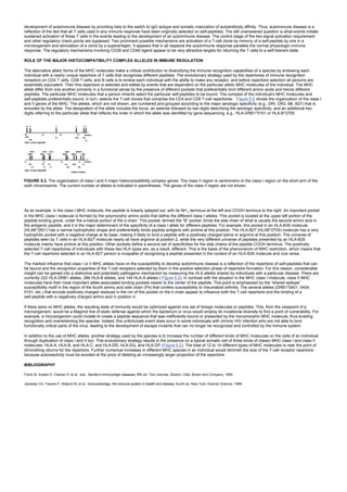 development of autoimmune disease by providing help to the switch to IgG isotype and somatic maturation of autoantibody affinity. Thus, autoimmune disease is a
reflection of the fact that all T cells used in any immune response have been originally selected on self-peptides. The still unanswered question is what events initiate
sustained activation of these T cells in the events leading to the development of an autoimmune disease. The control stage of the two-signal activation requirement
and other regulatory check points are bypassed. Two prominent possible mechanisms are activation of a T-cell clone by mimicry of a self-peptide by one in a
microorganism and stimulation of a clone by a superantigen. It appears that in all respects the autoimmune response parallels the normal physiologic immune
response. The regulatory mechanisms involving CD28 and CD40 ligand appear to be very attractive targets for returning the T cells to a self-tolerant state.
ROLE OF THE MAJOR HISTOCOMPATIBILITY COMPLEX ALLELES IN IMMUNE REGULATION
The alternative allelic forms of the MHC molecules make a critical contribution to diversifying the immune recognition capabilities of a species by endowing each
individual with a nearly unique repertoire of T cells that recognizes different peptides. The evolutionary strategy used by the repertoires of immune recognition
receptors on CD4 T cells, CD8 T cells, and B cells is to endow each individual with the ability to make any receptor, and before repertoire selection all persons are
essentially equivalent. Then this repertoire is selected and edited by events that are dependent on the particular allelic MHC molecules of the individual. The MHC
allele differ from one another primarily in a functional sense by the presence of different pockets that preferentially bind different amino acids and hence different
peptides. The particular MHC molecules that a person inherits select the particular self-peptides to be bound. The complex of the individual's MHC molecules and
self-peptides preferentially bound, in turn, selects the T-cell clones that comprise the CD4 and CD8 T-cell repertoires. Figure 5.2 shows the organization of the class I
and II genes of the MHC. The alleles, which are not shown, are numbered and grouped according to the major serologic specificity (e.g., DRI, DR2, B8, B27) that is
encoded by the allele. The designation of the allele includes the locus, an asterisk followed by two digits describing the serologic specificity, and an additional two
digits referring to the particular allele that reflects the order in which the allele was identified by gene sequencing, e.g., HLA-DRB1*0101 or HLA-B*2705.
FIGURE 5.2. The organization of class I and II major histocompatibility complex genes. The class II region is centromeric to the class I region on the short arm of the
sixth chromosome. The current number of alleles is indicated in parentheses. The genes of the class II region are not shown.
As an example, in the class I MHC molecule, the peptide is linearly splayed out, with its NH 2 terminus at the left and COOH terminus to the right. An important pocket
in the MHC class I molecule is formed by the polymorphic amino acids that define the different class I alleles. This pocket is located at the upper left portion of the
peptide binding grove, under the a-helical portion of the a chain. This pocket, termed the “B” pocket, binds the side chain of what is usually the second amino acid in
the antigenic peptide, and it is the major determinant of the specificity of a class I allele for different peptides. For example, this pocket in an HLA-B35 molecule
(HLAB*3501) has a narrow hydrophobic shape and preferentially binds peptide antigens with proline at this position. The HLA-B27 (HLAB*2705) molecule has a very
hydrophilic pocket with a negative charge at its base, making it likely to bind a peptide with a positively charged lysine or arginine at this position. The universe of
peptides seen by T cells in an HLA-B27 molecule nearly all have arginine at position 2, while the very different universe of peptides presented by an HLA-B35
molecule mainly have proline at this position. Other pockets define a second set of specificities for the side chains of the peptide COOH terminus. The positively
selected T-cell repertoires of individuals with these two HLA types are, as a result, different. This is the basis of the phenomenon of MHC restriction, which means that
the T-cell repertoire selected in an HLA-B27 person is incapable of recognizing a peptide presented in the context of an HLA-B35 molecule and vice versa.
The marked influence that class I or II MHC alleles have on the susceptibility to develop autoimmune disease is a reflection of the repertoire of self-peptides that can
be bound and the recognition properties of the T-cell receptors selected by them in the positive selection phase of repertoire formation. For this reason, considerable
insight can be gained into a distinctive and potentially pathogenic mechanism by measuring the HLA alleles shared by individuals with a particular disease. There are
currently 222 HLA-DRB1 alleles, 286 HLA-B alleles, and 144 HLA-A alleles ( Figure 5.2). In contrast with the situation in the MHC class I molecule, class II MHC
molecules have their most important allele-associated binding pockets nearer to the center of the peptide. This point is emphasized by the “shared epitope”
susceptibility motif in the region of the fourth amino acid side chain (P4) that confers susceptibility to rheumatoid arthritis. The several alleles (DRB1*0401, 0404,
0101, etc.) that encode positively charged residues in the rim of this pocket on the b chain appear to influence both the T-cell repertoire and the binding of a
self-peptide with a negatively charged amino acid in position 4.
If there were no MHC alleles, the resulting state of immunity would be optimized against one set of foreign molecules or peptides. This, from the viewpoint of a
microorganism, would be a Maginot line of static defense against which the bacterium or virus would employ its mutational diversity to find a point of vulnerability. For
example, a microorganism could mutate to create a peptide sequence that was inefficiently bound or presented by the monomorphic MHC molecule, thus evading
recognition and overwhelming the species. Indeed, this unfortunate event does occur in some individuals with chronic HIV infection who are not able to bind
functionally critical parts of the virus, leading to the development of escape mutants that can no longer be recognized and controlled by the immune system.
In addition to the use of MHC alleles, another strategy used by the species is to increase the number of different kinds of MHC molecules on the cells of an individual
through duplication of class I and II loci. This evolutionary strategy results in the presence on a typical somatic cell of three kinds of classic MHC class I and class II
molecules: HLA-A, HLA-B, and HLA-C, and HLA-DR, HLA-DQ, and HLA-DP (Figure 5.2). The total of 12 to 14 different types of MHC molecules is near the point of
diminishing returns for the repertoire. Further numerical increases in different MHC species in an individual would diminish the size of the T-cell receptor repertoire
because autoreactivity must be avoided at the price of deleting an increasingly larger proportion of the repertoire.
BIBLIOGRAPHY
Frank M, Austen K, Claman H, et al., eds. Samter's immunologic diseases, fifth ed. Two volumes. Boston: Little, Brown and Company, 1995.
Janeway CA, Travers P, Walport M, et al. Immunobiology: the immune system in health and disease, fourth ed. New York: Elsevier Science, 1999.
 
