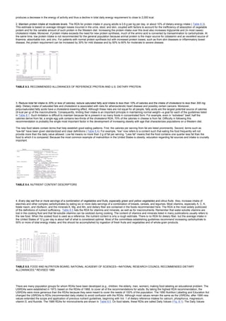 produces a decrease in the energy of activity and thus a decline in total daily energy requirement to close to 2,000 kcal.
2. Maintain protein intake at moderate levels. The RDA for protein intake in young adults is 0.8 g per kg per day, or about 10% of dietary energy intake ( Table 8.3).
This estimate is based on average nitrogen losses incurred in the urine, stool, and skin, coupled with factors to account for the inefficiency of absorption of vegetable
protein and for the variable amount of such protein in the Western diet. Increasing the protein intake over this level also increases triglyceride and (in most cases)
cholesterol intake. Moreover, if protein intake exceeds the need for new protein synthesis, much of the amino acid is converted by transamination to carbohydrate. At
the same time, low protein intake is not recommended for the general population because animal protein is the major source for cobalamin and an excellent source of
thiamine, absorbable iron, and zinc. For patients with normal protein synthesis but with increased protein losses, such as from skin diseases or inflammatory bowel
disease, the protein requirement can be increased by 30% for mild disease and by 50% to 60% for moderate to severe disease.
TABLE 8.3. RECOMMENDED ALLOWANCES OF REFERENCE PROTEIN AND U.S. DIETARY PROTEIN
3. Reduce total fat intake to 30% or less of calories; reduce saturated fatty acid intake to less than 10% of calories and the intake of cholesterol to less than 300 mg
daily. Dietary intake of saturated fats and cholesterol is associated with risks for atherosclerotic heart disease and possibly certain cancers. Moreover,
polyunsaturated fatty acids have a cholesterol-lowering effect. Although these risks are not equal for all people, fatty acids are the largest potential source of calories
(9 kcal per g) of the macronutrients. Consequently, limiting their intake is an important principle in maintaining normal weight—a goal for each of the guidelines listed
in Table 8.1. Such limitation is difficult to maintain because fat is present in so many foods in concentrated form. For example, even in “extralean” beef, half the
calories derive from fat; a single egg yolk contains two-thirds of the cholesterol RDA; 70% of the calories in cheese is from fat. Difficulty in following this
recommendation is probably the single most important factor in the development of increasing obesity with age that characterizes populations on a Western diet.
The new food labels contain terms that help establish good eating patterns. First, the calories per serving from fat are listed prominently. Second, terms such as
“low-fat” have been given standardized and clear definitions ( Table 8.4). For example, “low” now refers to a content such that eating the food frequently will not
provide more than the daily value allowed. Low-fat means no more than 3 g of fat per serving. “Less fat” means that the food contains one quarter less fat than the
food to which it is compared. Because the most common example of malnutrition in the United States is obesity, education regarding fat sources and intake is crucially
important.
TABLE 8.4. NUTRIENT CONTENT DESCRIPTORS
4. Every day eat five or more servings of a combination of vegetables and fruits, especially green and yellow vegetables and citrus fruits. Also, increase intake of
starches and other complex carbohydrates by eating six or more daily servings of a combination of breads, cereals, and legumes. Most vitamins, especially A, C, K,
folate niacin, and riboflavin, and the minerals K, Mg, and Mn, and dietary fiber are contained in the foods recommended here. The RDA is the most widely publicized
of the definitions of nutrient sufficiency. Table 8.5 lists the RDA for vitamins and minerals, as well as for macronutrients. Remember that water-soluble vitamins are
lost in the cooking fluid and that fat-soluble vitamins can be oxidized during cooking. The content of vitamins and minerals listed in many publications usually refers to
the raw food. When the cooked food is used as a reference, the nutrient content is only a rough estimate. There is no RDA for dietary fiber, but the average intake in
the United States of 12 g per day is about half of what is considered optimal. Most of the committees establishing guidelines recommend increasing carbohydrate to
55% or more of total energy intake, and this should be accomplished by ingestion of fresh fruits and vegetables and of whole-grain products.
TABLE 8.5. FOOD AND NUTRITION BOARD, NATIONAL ACADEMY OF SCIENCES—NATIONAL RESEARCH COUNCIL RECOMMENDED DIETARY
ALLOWANCES,a
REVISED 1989
There are many population groups for whom RDAs have been developed (e.g., children, the elderly, men, women), making food labeling an educational problem. The
USRDAs were established in 1973, based on the RDAs of 1968, to cover all of the recommendations for adults. By taking the highest RDA recommendation, the
USRDAs were more generous than the RDAs because they were meant to cover the needs of 100% of the population. The 1990 Nutrition Labelling and Education Act
changed the USRDAs to RDIs (recommended daily intake) to avoid confusion with the RDAs. Although most values remain the same as the USRDAs, after 1995 new
values extended the scope and application of previous nutrient guidelines, beginning with Vol. 1 of dietary reference intakes for calcium, phosphorus, magnesium,
vitamin D, and fluoride. The 1989 RDAs for micronutrients are shown in Table 8.5. On food labels, these RDIs are called Daily Values ( Fig. 8.1). The Daily Values
 