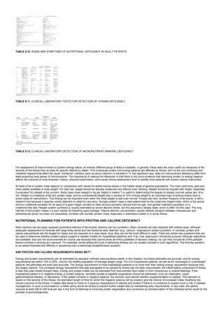 TABLE 8.10. SIGNS AND SYMPTOMS OF NUTRITIONAL DEFICIENCY IN ADULT PATIENTS
TABLE 8.11. CLINICAL LABORATORY TESTS FOR DETECTION OF VITAMIN DEFICIENCY
TABLE 8.12. CLINICAL LABORATORY DETECTION OF MICRONUTRIENT MINERAL DEFICIENCY
For assessment of macronutrient or protein energy status, an entirely different group of tests is available. In general, these tests are more useful as measures of the
severity of the illness than as tests for specific deficiency states. This is because protein and energy balance are affected by illness, but it is the non-nutritional and
metabolic aspects that affect the usual “nutritional” markers, such as serum albumin or transferrin. In this significant way, tests for macronutrient deficiency differ from
tests analyzing body stores of micronutrients. The importance of making this distinction is that there is not much evidence that improving protein or energy balance
affects the outcome of most illnesses. History, physical examination, and overall clinical assessment tend to identify most patients with protein-calorie malnutrition.
All tests of fat or protein mass depend on comparison with values for adults having values in the middle range of general populations. The most commonly used and
most readily available is body weight. For best use, weight should be actually measured and without outer clothing. Weight should be coupled with height, especially
if evaluation for obesity is the concern. Body mass index (weight in kg per height in meters 2
) is useful in determining the degree of obesity (normal values are 18 to
24). Weight is a measure of fat and protein mass, and an unintentional weight loss in excess of 10% of body weight is an important sign of serious illness (and in
some cases of malnutrition). This finding can be important even when the initial weight is well over normal. Triceps skin fold, another measure of fat stores, is still a
research tool because it requires careful attention to detail for accuracy. Somatic protein mass is best determined by the creatinine–height index, which is the actual
24-hour creatinine excretion for an adult of a given height, divided by ideal 24-hour excretion derived from an age- and gender-matched population on a
creatinine-free diet. Hepatic protein synthesis is usually estimated by serum albumin levels, but this assumes a steady state, which is often not the case. The long
half-life of this protein makes it a poor marker for following rapid changes. Plasma albumin concentration usually reflects transport between intravascular and
extravascular pools, but does not necessarily correlate with somatic protein mass, especially in edematous states or in acute illness.
NUTRITIONAL PLANNING FOR PATIENTS WITH PROTEIN AND CALORIE DEFICIENCY
Most vitamins can be easily replaced (parenteral delivery of fat-soluble vitamins can be a problem). Many minerals are also replaced with relative ease, although
adequate replacement of minerals with large body stores and low fractional daily retention (e.g., calcium, magnesium) poses a problem. In contrast, protein and
calorie requirements are the largest (in mass) and are required on a daily basis; thus, they can be the most difficult to meet. There are certain key questions that can
be used to determine whether protein-calorie support is needed (mostly for hospitalized patients) and, if so, how vigorously it should be pursued. Although algorithms
are available, they are not recommended for routine use because they cannot show all of the subtleties of decision making, nor can they include all of the possible
factors involved in arriving at a decision. For example, social setting and cost of delivering therapy are not usually included in such algorithms. The first key question
to be asked illustrates the difficulty in answering even a seemingly straightforward question.
ARE PROTEIN AND CALORIE REQUIREMENTS BEING MET?
Energy and protein requirements can be estimated by standard methods (see equations earlier in the chapter), but these estimates are accurate, and for energy
requirements are within 10% to 20%, only for the healthy population of average weight range. For ill or hospitalized patients, as well as for overweight or underweight
patients, the estimates are even less accurate. The energy requirement of most hospitalized patients is no more than their resting energy requirement because they
are largely inactive. The increased energy requirement that was anticipated to be caused by illness has not been documented; the inflammatory component of illness
is less than was initially thought likely. Energy and protein intake can be estimated from documented food intake or from intravenous or enteral feedings. If the
hospitalized patient is in negative energy or protein balance, remedial causes of appetite suppression should be addressed, such as medication, upper
gastrointestinal disease, or depression. If the patient remains in negative balance, the clinician must decide whether supplementation is needed. This decision is
based on the severity of the illness, the estimated length of time for which the negative balance will be present, and the chance of increased intake modifying the
clinical outcome of the illness. It makes little sense to insist on a vigorous replacement of calories and protein if there is no evidence to support such a role in disease
management. In such a circumstance, a better policy would be simply to prevent further weight loss by maintaining daily requirements. In any case, the patient
requires at least 200 to 400 kcal per day in the form of dextrose to minimize protein degradation and conversion by transamination of the mobilized amino acids for the
process of gluconeogenesis.
 