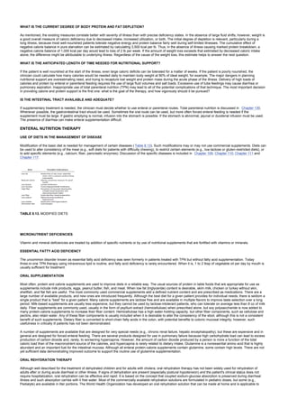 WHAT IS THE CURRENT DEGREE OF BODY PROTEIN AND FAT DEPLETION?
As mentioned, the existing measures correlate better with severity of illness than with precise deficiency states. In the absence of large fluid shifts, however, weight is
a good overall measure of caloric deficiency due to decreased intake, increased utilization, or both. The initial degree of depletion is relevant, particularly during a
long illness, because most well-nourished patients tolerate negative energy and protein balance fairly well during self-limited illnesses. The cumulative effect of
negative calorie balance in pure starvation can be estimated by calculating 3,500 kcal per lb. Thus, in the absence of illness causing marked protein breakdown, a
negative calorie balance of 1,000 kcal per day would lead to loss of 2 lb per week. If the amount of weight loss exceeds that estimated by decreased caloric intake
alone, the difference might be attributable to underlying illness. Regardless of the cause of the weight loss, this estimate helps to answer the next question.
WHAT IS THE ANTICIPATED LENGTH OF TIME NEEDED FOR NUTRITIONAL SUPPORT?
If the patient is well nourished at the start of the illness, even large caloric deficits can be tolerated for a matter of weeks. If the patient is poorly nourished, the
clinician could calculate how many calories would be needed daily to maintain body weight at 90% of ideal weight, for example. The major dangers in planning
nutritional support are overestimating need, and trying to recapture lost weight and protein mass during the acute phase of the illness. Delivery of high loads of
calories and protein by enteral or parenteral feeding requires the use of large fluid volumes and salt loads. Excessive use of tube feedings may cause diarrhea or
pulmonary aspiration. Inappropriate use of total parenteral nutrition (TPN) may lead to all of the potential complications of that technique. The most important decision
in providing calorie and protein support is the first one: what is the goal of the therapy, and how vigorously should it be pursued?
IS THE INTESTINAL TRACT AVAILABLE AND ADEQUATE?
If supplementary treatment is needed, the clinician must decide whether to use enteral or parenteral routes. Total parenteral nutrition is discussed in Chapter 130.
Whenever possible, the gastrointestinal tract should be used. Sometimes the oral route can be used, but more often forced enteral feeding is needed if the
supplement must be large. If gastric emptying is normal, infusion into the stomach is possible. If the stomach is abnormal, jejunal or duodenal infusion must be used.
The presence of diarrhea can make enteral supplementation difficult.
ENTERAL NUTRITION THERAPY
USE OF DIETS IN THE MANAGEMENT OF DISEASE
Modification of the basic diet is needed for management of certain diseases ( Table 8.13). Such modifications may or may not use commercial supplements. Diets can
be used to alter consistency of the meal (e.g., soft diets for patients with difficulty chewing), to restrict certain elements (e.g., low-lactose or gluten-restricted diets), or
to add specific elements (e.g., calcium, fiber, pancreatic enzymes). Discussion of the specific diseases is included in Chapter 109, Chapter 110, Chapter 111 and
Chapter 117.
TABLE 8.13. MODIFIED DIETS
MICRONUTRIENT DEFICIENCIES
Vitamin and mineral deficiencies are treated by addition of specific nutrients or by use of nutritional supplements that are fortified with vitamins or minerals.
ESSENTIAL FATTY ACID DEFICIENCY
The uncommon disorder known as essential fatty acid deficiency was seen formerly in patients treated with TPN but without fatty acid supplementation. Today
three-in-one TPN therapy using intravenous lipid is routine, and fatty acid deficiency is rarely encountered. When it is, 1 to 2 tbsp of vegetable oil per day by mouth is
usually sufficient for treatment.
ORAL SUPPLEMENTATION
Most often, protein and calorie supplements are used to improve diets in a reliable way. The usual sources of protein in table foods that are appropriate for use as
supplements include milk products, eggs, peanut butter, fish, and meat. When low fat (triglyceride) content is desirable, skim milk, chicken or turkey without skin,
shellfish, and flat fish are useful. The most commonly used commercial supplements add a defined nutrient content and are prescribed as medications. There are a
large number of available products, and new ones are introduced frequently. Although the best diet for a given patient provides for individual needs, there is seldom a
single product that is “best” for a given patient. Many calorie supplements are lactose free and are available in multiple flavors to improve taste selection over a long
period. Milk-based supplements are usually less expensive, but they cannot be used by lactose-intolerant patients, who can tolerate on average less than 8 oz of milk
daily. Fiber supplements are commonly used, usually in the form of psyllium extract (hemicellulose) when prescribed alone, but soy polysaccharide is now added to
many protein-calorie supplements to increase their fiber content. Hemicellulose has a high water-holding capacity, but other fiber components, such as cellulose and
pectins, also retain water. Any of these fiber components is usually included when it is desirable to alter the consistency of the stool, although this is not a consistent
benefit of such supplements. Dietary fiber is converted to short-chain fatty acids in the colon, with potential benefits to colonic mucosal integrity; however, such
usefulness in critically ill patients has not been demonstrated.
A number of supplements are available that are designed for very special needs (e.g., chronic renal failure, hepatic encephalopathy), but these are expensive and in
general are designed for forced enteral feeding. There are several products designed for use in pulmonary failure because high carbohydrate load can lead to excess
production of carbon dioxide and, rarely, to worsening hypercapnia. However, the amount of carbon dioxide produced by a person is more a function of the total
caloric load than of the macronutrient source of the calories, and hypercapnia is rarely related to dietary intake. Glutamine is a nonessential amino acid that is highly
abundant and an important fuel for the intestinal mucosa. Although all enteral protein-calorie supplements contain glutamine, some contain high levels. There are not
yet sufficient data demonstrating improved outcome to support the routine use of glutamine supplementation.
ORAL REHYDRATION THERAPY
Although well described for the treatment of dehydrated children and for adults with cholera, oral rehydration therapy has not been widely used for rehydration of
adults after or during acute diarrheal or other illness. If signs of dehydration are present (especially postural hypotension) and the patient's clinical status does not
require hospitalization, oral rehydration can be effective and rapid. It is based on the concept that coupled sodium-glucose absorption is preserved during diarrheal
illness and such absorption carries with it free water. Most of the commercially available rehydration solutions are formulated in pediatric doses, but some (e.g.,
Pedialyte) are available in liter portions. The World Health Organization has developed an oral rehydration solution that can be made at home and is applicable to
 