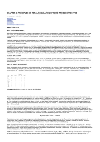 CHAPTER 9: PRINCIPLES OF RENAL REGULATION OF FLUID AND ELECTROLYTES
Kelley’s Textbook of Internal Medicine
CHAPTER 9: PRINCIPLES OF RENAL REGULATION OF FLUID AND ELECTROLYTES
L. B. GARDNER AND H. DAVID HUMES
Basic Concepts
Tonicity and Cell Volume
Water Balance
Sodium Balance
Acid–Base Balance
Hormones
Potassium Balance
Calcium, Phosphorus, and Magnesium Balance
BASIC CONCEPTS
BODY FLUID COMPARTMENTS
Body fluids, composed predominantly of water, its accompanying electrolytes, and circulating serum proteins and lipoproteins, constitute approximately 60% of total
body weight. Thus, in a hypothetical 70-kg individual, total body fluid, or, as commonly referred to, total body water approximates 42 L, with 28 L contained in the
intracellular fluid (ICF) and 14 L contained in the extracellular fluid (ECF) compartment as interstitial fluid (that fluid outside cells and outside the capillaries) and as
plasma.
The forces that govern the distribution of fluids between the ICF and ECF compartments—the osmotic pressure—are determined by the pressure exerted by the
concentration of effective osmotic particles in each compartment. In a steady-state condition under virtually all circumstances, the intracellular and extracellular
effective osmotic pressures are equal.
In the ECF, different pressures determine the distribution of fluid between the plasma volume and the interstitial fluid volume. Here Starling's forces are the
determining factors. Hydrostatic pressure within the capillaries and their accompanying arterioles and venules tends to induce the movement of fluid from the plasma
volume to the interstitial volume, whereas oncotic pressure (determined almost exclusively by the concentration of albumin in the plasma) induces the movement from
the interstitial compartment to the plasma volume. In reality, these fluids are constantly in motion crossing the capillary membrane. At steady state approximately
one-fourth of the ECF volume is contained within the capillaries and three-fourths constitutes the interstitial fluid. This circulation of the interstitial fluid is critically
important for the delivery of vital nutrients to the cells and for the removal of waste products from the cellular milieu back into the plasma volume for eventual disposal.
CLINICAL IMPLICATIONS
In a hypothetical patient, it is possible to lose the entire plasma volume iso-osmotically and to be limited to only the interstitial fluid volume to replenish the falling
plasma volume (as might happen in severe hemorrhage). Not even 1 mL of intracellular fluid would cross the cellular membrane if there were no change in effective
osmotic pressure.
UNITS OF SOLUTE MEASUREMENT
Solute concentration can be expressed in milligrams per deciliter, millimoles per liter or per kilogram of water, milliequivalents per liter, or milliosmoles per liter or per
kilogram of water. For example, in the case of the calcium ion (Ca2+
), the values 4 mg per dL, 1 mmol per L, 2 mEq per L, and 1 mOsm per L indicate the same
concentration of Ca2+
. Because of different concentration units, the amount of any given solute can be expressed in several different ways ( Table 9.1).
TABLE 9.1. EXAMPLES OF UNITS OF SOLUTE MEASREMENT
The simplest way to express the amount of solute is by mass or weight, using gram or kilogram as the unit. More information can be conveyed by employing units
based on the molecular weight of the substance. The molecular weight is defined as the quantity (in grams) of any substance that contains 6.023 × 10 23
(Avogadro's
number) molecules of that substance. This amount is known as 1 mol of the substance. For example, 1 mol of sodium (Na+
) contains the same number of molecules
as 1 mol of chloride (Cl–
), although the former weighs 23 g and the latter weighs 35.5 g. Conversely, to convert from mass units, such as grams and milligrams, to
moles or millimoles, the weight of the substance is divided by its molecular weight. For example, 1 g of NaCl (molecular weight = 23 + 35.5 = 58.5) contains 1000 ÷
58.5 = 17.1 mmol NaCl.
With electrically charged compounds (electrolytes and ions), it is often most useful to consider the number of positive or negative charges. Positively charged
particles are called cations, and negatively charged particles are called anions. When ions combine, they do so according to their ionic charge, or valence, and not
according to molecular weight. The unit used to indicate charge is the chemical equivalent. One equivalent of an anion is defined as the amount that combines with, or
replaces, 1 mol of hydrogen ion (H+
). Because Na+
is a univalent ion (charge +1), 1 mol of Na+
is equal to 1 equivalent. Because Ca 2+
is a bivalent ion (charge +2), 1
mol of Ca2+
equals 2 equivalents. To convert from units of moles to equivalents, the following simple formula can be used:
The most common term used for expressing concentrations of electrolytes in serum is milliequivalents per liter. There are two advantages in using this unit of
concentration. First, it reinforces the principle that ions combine milliequivalent for milliequivalent, not millimole for millimole or milligram for milligram. Second, to
maintain electroneutrality, there must be an equal number of cations and anions in each fluid compartment of the body.
Not all ions are easily measured in milliequivalents per liter. For instance, the total calcium concentration in serum is about 10 mg per dL, or 5 mEq per L. Because
50% to 55% of the plasma calcium is bound to albumin, the free ionized (unbound) calcium concentration in plasma is 2.0 to 2.5 mEq per L. For these reasons, the
precise concentration of ionized calcium is difficult to determine with present clinical laboratory techniques. Consequently, the total serum calcium is routinely reported
in mass units (mg per dL) rather than equivalence units (mEq per L).
A different problem occurs with phosphate because it exists in several different ionic forms: H 2PO4
–, HPO4
2–, and PO4
3–. Although an exact valence cannot be given,
an approximate valence of 1.8 can be assigned because roughly 80% of extracellular phosphate exists as HPO 4
2– and 20% as H2PO4
– in serum at a pH of 7.4.
 