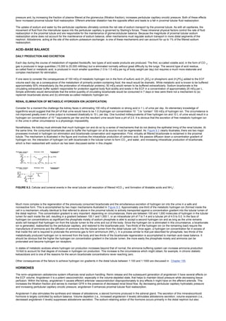 pressure and, by increasing the fraction of plasma filtered at the glomerulus (filtration fraction), increases peritubular capillary oncotic pressure. Both of these effects
favor increased proximal tubular fluid reabsorption. Efferent arteriolar dilatation has the opposite effect and leads to a fall in proximal tubular fluid reabsorption.
The uptake of sodium and water by the peritubular capillaries ultimately controls the net rate of sodium transport by the proximal tubule. As with all capillaries, the
movement of fluid from the intercellular space into the peritubular capillary is governed by Starling's forces. These intrarenal physical factors control the rate of fluid
reabsorption in the proximal tubule and are responsible for the maintenance of glomerulotubular balance. Because the magnitude of proximal tubular sodium
reabsorption alone does not account for the maintenance of sodium balance, other mechanisms must regulate sodium transport in more distal segments of the
nephron. Aldosterone, acting at the site of the sodium–potassium exchanger, is one of these mechanisms and can account for up to 1% of the filtered sodium
reabsorption.
ACID–BASE BALANCE
DAILY PRODUCTION AND EXCRETION
Each day during the course of metabolism of ingested foodstuffs, two types of acid waste products are produced. The first, so-called volatile acid, in the form of CO 2
gas is produced in large quantities (15,000 to 20,000 mM/day) but is eliminated normally without great difficulty by the lungs. The second type of acid residue,
so-called fixed or metabolic acid, is produced in much smaller quantities (1.0 to 1.5 mEq per kg of body weight per day) but requires a much more elaborate and
complex mechanism for elimination.
If one were to consider the consequences of 100 mEq of metabolic hydrogen ion in the form of sulfuric acid (H 2SO4) or phosphoric acid (H3PO4) added to the ECF
volume each day as a consequence of the metabolism of primarily protein-containing food, the result would be dramatic. While metabolic acid is known to be buffered
approximately 50% intracellularly (by the protonation of intracellular proteins), 50 mEq would remain to be buffered extracellularly. Sodium bicarbonate is the
circulating extracellular buffer system responsible for protection against body fluid acidity and exists in the ECF in a concentration of approximately 25 mEq per L.
Simple arithmetic would demonstrate that the entire quantity of circulating bicarbonate would be consumed in 7 days or less were there not a mechanism to (a)
replenish bicarbonate stores and (b) eliminate so-called metabolic hydrogen ion.
RENAL ELIMINATION OF METABOLIC HYDROGEN ION (ACIDIFICATION)
Consider for a moment the challenge the kidney faces in eliminating 100 mEq of metabolic or strong acid in 1 L of urine per day. An elementary knowledge of
logarithms would suggest that the pH of that urine would have to be 1.0 (hydrogen ion concentration 10 –1
) to “contain” 100 mEq of hydrogen ion. The circumstance is
not improved greatly even if urine output is increased drastically to 10 L per day. One hundred milliequivalents of free hydrogen ion and 10 L of urine would result in a
hydrogen ion concentration of 10–2
equivalents per liter and the resultant urine would have a pH of 2.0. It is obvious that the excretion of free metabolic hydrogen ion
in the urine in either circumstance is a physiologic impossibility.
Nonetheless, the kidney must eliminate that much hydrogen ion and do so by a series of mechanisms that do not destroy the epithelial lining of the renal tubules. At
the same time, the consumed bicarbonate used to buffer the hydrogen ion at its source must be regenerated. As Figure 9.3 clearly illustrates, there are two major
processes involved in hydrogen ion elimination and bicarbonate conservation and regeneration. First, virtually all filtered bicarbonate is reclaimed in the proximal
tubule. The mechanism is illustrated in the figure and involves the intracellular production of carbonic acid, the passive diffusion down a concentration gradient of
hydrogen ion, the interaction of hydrogen ion with bicarbonate in the tubular lumen to form CO 2 and water, and increasing intracellular production of bicarbonate,
which is then reabsorbed with sodium as has been discussed earlier in this chapter.
FIGURE 9.3. Cellular and lumenal events in the renal tubular cell resorption of filtered HCO 4
– and formation of titratable acids and NH4
+.
Much more complex is the regeneration of the previously consumed bicarbonate and the simultaneous excretion of hydrogen ion into the urine in a safe and
nonreactive form. This is accomplished by two major mechanisms illustrated in Figure 9-3. Approximately one-third of the metabolic hydrogen ion (formed inside the
cell in a mechanism virtually identical to that referred to above in the proximal tubule) is actively transported against a concentration gradient into the tubular lumen of
the distal nephron. This concentration gradient is very important: depending on circumstances, there are between 100 and 1,000 molecules of hydrogen in the tubular
lumen for each inside the cell, resulting in a gradient between 100:1 and 1,000:1, or an intracellular pH of 7 to 7.4 and a tubular pH of 4.5 to 5.0. In the face of
hydrogen ion concentrations so significant the phosphate moiety of sodium phosphate is able to accept a second hydrogen ion and as long as the urine remains
acidic will transport that hydrogen ion from the tubular lumen to the urine and out of the body. Since the hydrogen ion is eliminated in this circumstance, a bicarbonate
ion is generated, reabsorbed by the peritubular capillary, and restored to the bicarbonate pool. Two-thirds of the hydrogen ion (or the remaining load) require the
manufacture of ammonia and the diffusion of ammonia into the tubular lumen from the distal tubular cell. Once again, a hydrogen ion concentration far in excess of
that inside the cell is required to protonate the ammonia gas to form ammonium (NH 4
+). In a process similar to that just described for phosphate, two-thirds of the
metabolically produced hydrogen ion is removed from the body and two-thirds of the bicarbonate regeneration is accomplished to maintain acid–base balance. It
should be obvious that the higher the hydrogen ion concentration gradient in the tubular lumen, the more easily the phosphate moiety and ammonia can be
protonated and become hydrogen ion receptors.
In states of metabolic acidosis where hydrogen ion production increases beyond that of normal, the ammonia buffering system can increase ammonia production
10-fold to account for that degree of increase in hydrogen ion production. This increase is the circumstance which might obtain, for example, in chronic diabetic
ketoacidosis and is one of the reasons for the serum bicarbonate concentrations never reaching zero.
Other consequences of the failure to achieve hydrogen ion gradients in the distal tubule between 1:100 and 1:1000 are discussed in Chapter 155.
HORMONES
The renin–angiotensin–aldosterone system influences renal sodium handling. Renin release and the subsequent generation of angiotensin II have several effects on
the ECF volume. Angiotensin II is a potent vasoconstrictor, especially in the volume-depleted state, that helps to maintain blood pressure while decreasing tissue
perfusion. Within the kidney, angiotensin II causes efferent arteriolar vasoconstriction disproportionately to any effects it might have on the afferent arteriole. This
increases the filtration fraction and serves to maintain GFR in the presence of decreased renal blood flow. By decreasing peritubular capillary hydrostatic pressure
and increasing peritubular capillary oncotic pressure, angiotensin II enhances proximal tubular fluid reabsorption.
Angiotensin II also stimulates the synthesis and release of aldosterone, a steroid hormone produced in the adrenal gland. The secretion of this mineralocorticoid
hormone is largely controlled by sodium balance. Volume depletion (i.e., increased angiotensin II levels) stimulates aldosterone secretion; volume expansion (i.e.,
decreased angiotensin II levels) suppresses aldosterone secretion. The sodium-retaining action of the hormone occurs primarily in the distal nephron but also
 