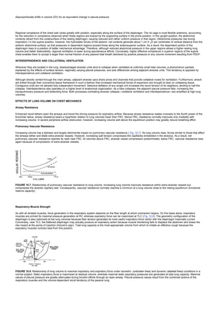 disproportionate shifts in volume (DV) for an equivalent change in pleural pressure.
Regional compliance of the chest wall varies greatly with position, especially along the surface of the diaphragm. The rib cage is most flexible anteriorly, accounting
for the reduction in compliance observed when these regions are braced by the supporting surface in the prone position. In the upright position, the abdominal
contents retract from the undersurface of the resting diaphragm, causing reduced and rather uniform pressure in that region. (Abdominal pressures rise during
inspiration.) In the supine position, however, the hydrostatic forces of the abdomi- nal contents generate about 1 cm H 2O per centimeter of vertical distance from the
anterior abdominal surface, so that pressures in dependent regions exceed those along the anterosuperior surface. As a result, the dependent portion of the
diaphragm rises to a position of better mechanical advantage. Therefore, although reduced abdominal pressure in the upper regions allows a higher resting lung
volume and better distensibility, regional ventilation is lower during spontaneous efforts. Conversely, higher effective compliance in superior regions of the supine
chest enables them to accept a larger than normal fraction of any passive tidal breath delivered by positive pressure or any volume increment resulting from PEEP.
INTERDEPENDENCE AND COLLATERAL VENTILATION
Wherever they are located in the lung, disadvantaged alveolar units tend to collapse when ventilated at uniformly small tidal volumes, a phenomenon partially
explained by the effects of surface tension, regionally varying pleural pressures, and size differences among adjacent alveolar units. This tendency is opposed by
interdependence and collateral ventilation.
Although directly vented through the main airway, adjacent alveolar sacs share pores and channels that provide collateral routes for ventilation. Furthermore, alveoli
are linked through their connective tissue framework in such a fashion that increased mechanical forces of expansion are brought to bear on collapsing tissue.
Contiguous units are not allowed fully independent movement. Selective deflation of any single unit increases the recoil tension of its neighbors, tending to halt the
collapse. Interdependence also operates on a higher level of anatomical organization. As a lobe collapses, the adjacent pleural pressure falls, increasing the
transpulmonary pressure and distending force. Both processes combating alveolar collapse—collateral ventilation and interdependence—are amplified at high lung
volumes.
EFFECTS OF LUNG VOLUME ON CHEST MECHANICS
Airway Resistance
Enhanced recoil tethers open the airways and boost the driving pressure for expiratory airflow. Because airway resistance relates inversely to the fourth power of the
bronchial radius, airway resistance bears a hyperbolic relation to lung volumes lower than FRC. Above FRC, resistance normally improves only modestly with
increasing volume. In severe peripheral airflow obstruction, however, increasing volume well above the equilibrium position may greatly reduce breathing effort.
Pulmonary Vascular Resistance
Increasing volume has a biphasic and largely detrimental impact on pulmonary vascular resistance ( Fig. 10.7). As lung volume rises, forces similar to those that affect
the airways tether and dilate extra-alveolar vessels. However, increasing wall tension compresses the capillaries embedded in the alveolus. As a result, net
pulmonary vascular resistance reaches its nadir near FRC. At volumes above FRC, alveolar vessel compression predominates; below FRC, vascular resistance rises
again because of compression of extra-alveolar vessels.
FIGURE 10.7. Relationship of pulmonary vascular resistance to lung volume. Increasing lung volume improves resistance within extra-alveolar vessels but
compresses the alveolar capillary bed. Consequently, vascular resistance normally reaches a minimum at a lung volume close to the resting equilibrium (functional
reserve capacity).
Respiratory Muscle Strength
As with all striated muscles, force generation in the respiratory system depends on the fiber length at which contraction begins. On this basis alone, inspiratory
muscles are primed for maximal pressure generation at RV, whereas expiratory force can be maximized at TLC (Fig. 10.8). The geometric configuration of the
diaphragm is also optimized at low lung volumes because fiber tension generates its most useful inspiratory force vector with the diaphragm maximally curved.
Conversely, near TLC, the flattened diaphragm may actually produce an expiratory action because muscle shortening fails to displace the abdomen and draws the
ribs inward at the points of insertion (Hoover's sign). Total lung capacity is the most appropriate volume from which to initiate an effective cough because the
expiratory muscles contract best from this position.
FIGURE 10.8. Relationship of lung volume to maximal inspiratory and expiratory force under isometric (unbroken lines) and dynamic (dashed lines) conditions in a
normal subject. Static inspiratory force is maximized at residual volume, whereas maximal static expiratory pressures are generated at total lung capacity. Maximal
values of pleural pressure are greatly attenuated during forceful efforts through an open airway. Pleural pressure values result from the combined actions of the
respiratory muscles and the volume-dependent recoil tendency of the passive lung.
 