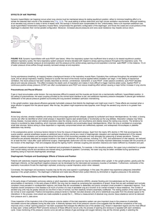 EFFECTS OF AIR TRAPPING
Dynamic hyperinflation (air trapping) occurs when lung volume must be maintained above its resting equilibrium position, either to minimize breathing effort or to
exhale the selected tidal volume in the available time ( Fig. 10.9). The usual setting is airflow obstruction and high minute ventilation requirements. Although breathing
at an elevated lung volume is costly in terms of elastic work, the savings in frictional work compensates for this. Unfortunately, there is an important additional cost:
acute hyperinflation foreshortens inspiratory muscle fibers, compromises the geometric configuration of the diaphragm, and forces the costal and crural portions of the
diaphragm to abandon their normal parallel configuration. Moreover, increased pleural pressures and vena caval resistance may impede venous return.
FIGURE 10.9. Dynamic hyperinflation with auto-PEEP (see below). When the respiratory system has insufficient time to empty to its relaxed equilibrium position
between inspiratory cycles, the trans-respiratory system pressure remains elevated with respect to airway opening pressure throughout the respiratory cycle. The
difference between alveolar pressure at end-expiration and the pressure at the central airway opening at end-expiration is termed auto-PEEP. In this instance, 15 cm
of water pressure drives airflow through severely narrowed airways at end-expiration.
During spontaneous breathing, air trapping implies a background tension in the inspiratory muscle fibers. Expiratory flow continues throughout the exhalation half
cycle, and an abrupt inspiratory “braking” pressure to counter the recoil of the thorax must be applied before inhalation can begin. In the setting of mechanical
ventilation, this recoil pressure has been variably described as intrinsic, unintentional, inadvertent, or auto-PEEP. Under passive conditions, auto-PEEP elevates
pleural and vascular pressures. This effect increases the elastic work of inspiration and makes it more difficult to trigger machine-aided cycles. Applied PEEP or
continuous positive airway pressure (CPAP) can often counterbalance auto-PEEP and reduce breathing effort without causing a major further increase in lung volume.
Pneumothorax and Pleural Effusion
If gas or liquid accumulates under tension, the lung becomes difficult to expand and the muscles are forced into a mechanically inefficient, hyperinflated position. In
the setting of pneumothorax, the exact coupling provided by the normal liquid interface is lost, and additional inspiratory pressure dissipates in pleural gas rarefaction.
Obliteration of the pleural pressure gradient surrounding the lung worsens ventilation–perfusion mismatching.
In the upright position, large pleural effusions generate hydrostatic pressure that distorts the diaphragm and might even invert it. These effects are reversed when a
large effusion is tapped from the pleural space. After the tap, the patient might experience less dyspnea, even though the aerated lung volume is no greater than
before.
Atelectasis
At low lung volumes, alveolar instability and airway closure encourage parenchymal collapse, opposed by surfactant and tissue interdependence. As noted, a closing
volume can often be identified at which small airways in dependent regions seal (anatomically or functionally) as the lung deflates. Absorption collapse may follow.
Airway disease, mucosal edema, and retained secretions raise the closing volume, and recumbency and obesity reduce the resting lung volume. The tendency for
closure is countered by deep breathing, which improves collateral ventilation and accentuates tissue interdependence. When the lung is ventilated at unvaryingly
small tidal volumes, factors acting to close dependent or regionally compromised alveoli are ineffectively opposed, and widespread microcollapse or platelike
atelectasis may develop.
In the postoperative period, numerous factors interact to force the closure of dependent airways. Apart from the nearly 30% decline in FRC that accompanies the
supine position, general anesthesia causes an additional loss of resting volume as a result of diaphragmatic relaxation and cephalad displacement of the relaxed
diaphragm. Airway intubation and anesthesia disrupt the function of the mucociliary escalator and may stimulate the outpouring of airway secretions. Thoracic
mechanics are severely disturbed by surgical incisions in the chest or abdomen. All lung volumes, including TLC, FRC, and subdivisions of vital capacity, are reduced
for at least the first 7 days after upper abdominal surgery. Diaphragmatic dysfunction and the incidence of clinically important atelectasis increase with the proximity of
the incision of the diaphragm. Pain and analgesia disrupt the sighing rhythm, whereas coughing and secretion clearance are made inefficient by intubation and pain.
Frequent positional changes are crucial in the treatment and prophylaxis of atelectasis. For example, in the decubitus position, the upper lung is stretched to a greater
than normal resting volume and secretions are drained along a gravitational gradient. Conversely, the lower lung may be better ventilated during spontaneous
breathing owing to improved diaphragmatic advantage.
Diaphragmatic Paralysis and Quadriplegia: Effects of Volume and Position
Patients with selectively impaired diaphragmatic function have orthopnea when supine but may be comfortable when upright. In the upright position, gravity pulls the
diaphragm inferiorly, so that significant negative pressure can be developed by the intercostal and accessory muscles of ventilation. Furthermore, contraction of the
expiratory musculature thrusts the diaphragm cephalad, producing a caudal inspiratory action when released.
Conversely, the diaphragm and accessory muscles may be the only ones spared in quadriplegia. In this case, the patient may experience platypnea (intensified
dyspnea in the upright position). The diaphragm is flattened and made less efficient when pulled inferiorly by diminished or negative pressures in the abdomen.
Hydrostatic Pulmonary Edema and Adult Respiratory Distress Syndrome
In the early phase of hydrostatic pulmonary edema or adult respiratory distress syndrome (ARDS), alveolar flooding and microatelectasis are the primary
abnormalities of mechanics. In the early phase of ARDS, the lung may be viewed as comprising two populations of alveoli: those that are well ventilated and normally
compliant (most prevalent in nondependent regions), and those that are consolidated or atelectatic and poorly compliant (most prevalent in dependent regions). Thus,
impaired overall compliance in this disease is as much a function of a loss of aeratable lung as a function of an overall increase in tissue elastance. The number of
aerated lung units may be greatly reduced (to one-third or less of normal), but their elasticity remains essentially unaffected. The resting position of the chest wall may
be normal or even expanded. Positive end-expiratory pressure tends to maintain recruited alveolar units and to redistribute lung water from the alveolar space to the
interstitium. In the process, more alveoli are made available to accept the V T. Without a measurement of absolute lung volume, tissue elastance cannot be deduced
from pressure and VT data alone.
Close inspection of the inspiratory limb of the pressure–volume relation of the total respiratory system can give important clues to the presence of potentially
recruitable volume that collapses during the tidal cycle. A distinctly biphasic limb of the pressure–volume curve suggests that the effective compliance of the lung
improves once a critical “opening pressure” has been surpassed that enlarges the effective size of the aerated lung. Alveoli in dependent regions are the most difficult
to keep open. Unless sufficient PEEP prevents reclosure of these difficult-to-recruit units, the process of opening and reclosure is repeated with each ventilatory
cycle. Close monitoring of the pressure–volume curve (as well as indexes of gas exchange and oxygen delivery) may aid the clinician greatly in selecting the
 