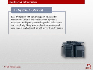 Hardware & Infrastructure


         X - System X (xSeries)

       IBM System x® x86 servers support Microsoft®
       Windows®, Linux® and virtualization. System x
       servers are intelligent systems designed to reduce costs
       and complexity. Keep your applications running and
       your budget in check with an x86 server from System x.




NTES Technologies
 
