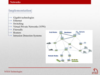 Networks


   Implementation

      •   Gigabit technologies
      •   Ethernet
      •   Switching
      •   Virtual Private Networks (VPN)
      •   Firewalls
      •   Routers
      •   Intrusion Detection Systems




NTES Technologies
 