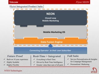 Telecom                                                                        Flytxt NEON
       Flytxt Integrated Product Suite


                                                   NEON
                                                Closed Loop
                                              Mobile Marketing




                                               Mobile Marketing OS



                                            Data Fusion Engine


                                Connecting Operator to their own Subscriber

    Future Proof                   Real-Time + Integrated                  Full Suite
 Built on 10 year experience       Everything is Real-Time                Service Personalization & Insights
 Highly Scalable                   Driven by Real-Time Intelligence        for Campaign Management
 Highly Flexible                   Greater value than sum of all parts    Personalized Marketing


NTES Technologies
 