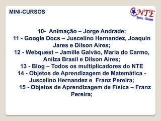 MINI-CURSOS


           10- Animação – Jorge Andrade;
 11 - Google Docs – Juscelino Hernandez, Joaquin
                 Jares e Dilson Aires;
 12 - Webquest – Jamille Galvão, Maria do Carmo,
             Anilza Brasil e Dilson Aires;
    13 - Blog – Todos os multiplicadores do NTE
  14 - Objetos de Aprendizagem de Matemática -
       Juscelino Hernandez e Franz Pereira;
   15 - Objetos de Aprendizagem de Física – Franz
                       Pereira;
 
