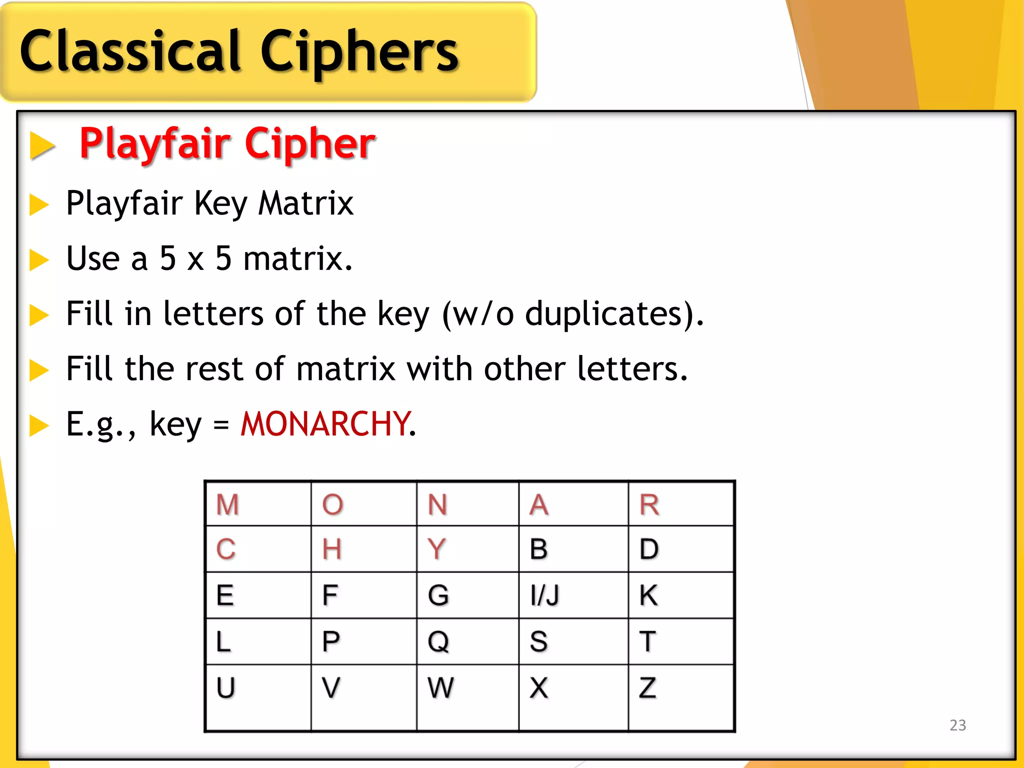  Playfair Cipher
 Playfair Key Matrix
 Use a 5 x 5 matrix.
 Fill in letters of the key (w/o duplicates).
 Fill the rest of matrix with other letters.
 E.g., key = MONARCHY.
Classical Ciphers
23
 