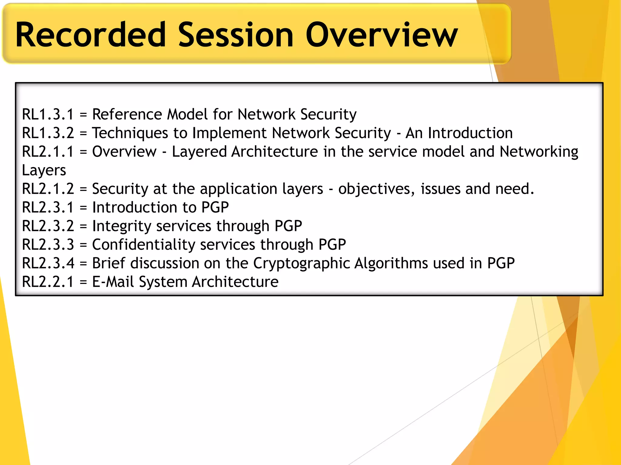 Recorded Session Overview
RL1.3.1 = Reference Model for Network Security
RL1.3.2 = Techniques to Implement Network Security - An Introduction
RL2.1.1 = Overview - Layered Architecture in the service model and Networking
Layers
RL2.1.2 = Security at the application layers - objectives, issues and need.
RL2.3.1 = Introduction to PGP
RL2.3.2 = Integrity services through PGP
RL2.3.3 = Confidentiality services through PGP
RL2.3.4 = Brief discussion on the Cryptographic Algorithms used in PGP
RL2.2.1 = E-Mail System Architecture
 