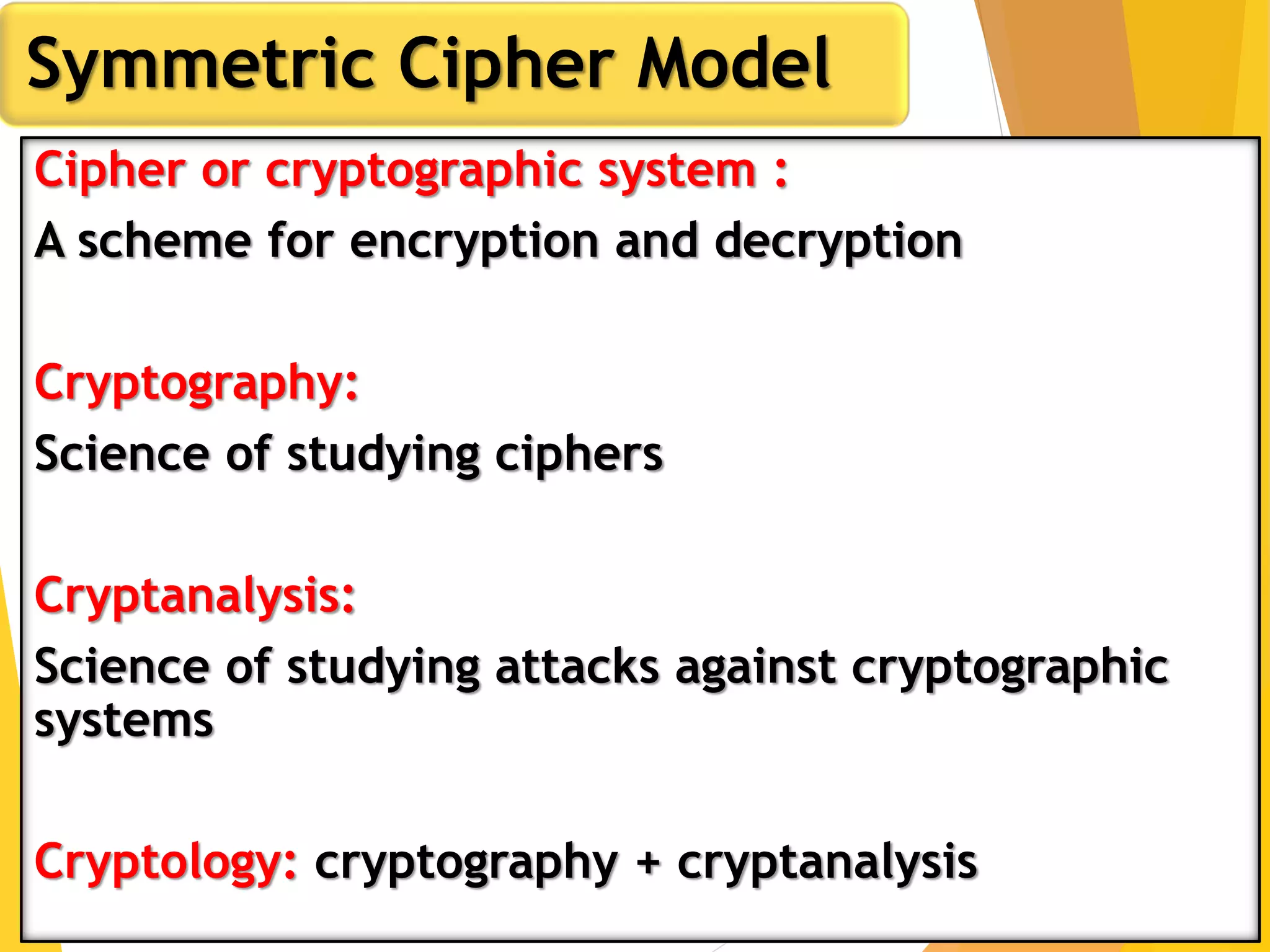Cipher or cryptographic system :
A scheme for encryption and decryption
Cryptography:
Science of studying ciphers
Cryptanalysis:
Science of studying attacks against cryptographic
systems
Cryptology: cryptography + cryptanalysis
Symmetric Cipher Model
 