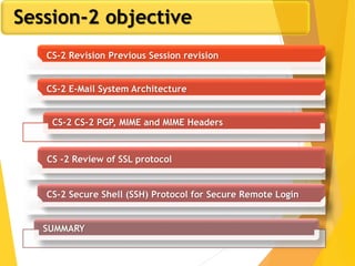 Session-2 objective
CS-2 Revision Previous Session revision
CS-2 E-Mail System Architecture
CS-2 CS-2 PGP, MIME and MIME Headers
CS -2 Review of SSL protocol
CS-2 Secure Shell (SSH) Protocol for Secure Remote Login
SUMMARY
 