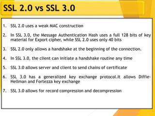 23
SSL 2.0 vs SSL 3.0
1. SSL 2.0 uses a weak MAC construction
2. In SSL 3.0, the Message Authentication Hash uses a full 128 bits of key
material for Export cipher, while SSL 2.0 uses only 40 bits
3. SSL 2.0 only allows a handshake at the beginning of the connection.
4. In SSL 3.0, the client can initiate a handshake routine any time
5. SSL 3.0 allows server and client to send chains of certificate
6. SSL 3.0 has a generalized key exchange protocol.It allows Diffie-
Hellman and Fortezza key exchange
7. SSL 3.0 allows for record compression and decompression
 
