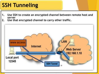 29
SSH Tunneling
1. Use SSH to create an encrypted channel between remote host and
server
2. Use that encrypted channel to carry other traffic.
 