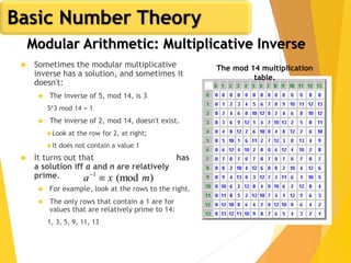 52
Modular Arithmetic: Multiplicative Inverse
 Sometimes the modular multiplicative
inverse has a solution, and sometimes it
doesn't:
 The inverse of 5, mod 14, is 3
5*3 mod 14 = 1
 The inverse of 2, mod 14, doesn't exist.
Look at the row for 2, at right;
It does not contain a value 1
 It turns out that has
a solution iff a and n are relatively
prime.
 For example, look at the rows to the right.
 The only rows that contain a 1 are for
values that are relatively prime to 14:
1, 3, 5, 9, 11, 13
)(mod1
mxa 
The mod 14 multiplication
table.
Basic Number Theory
 