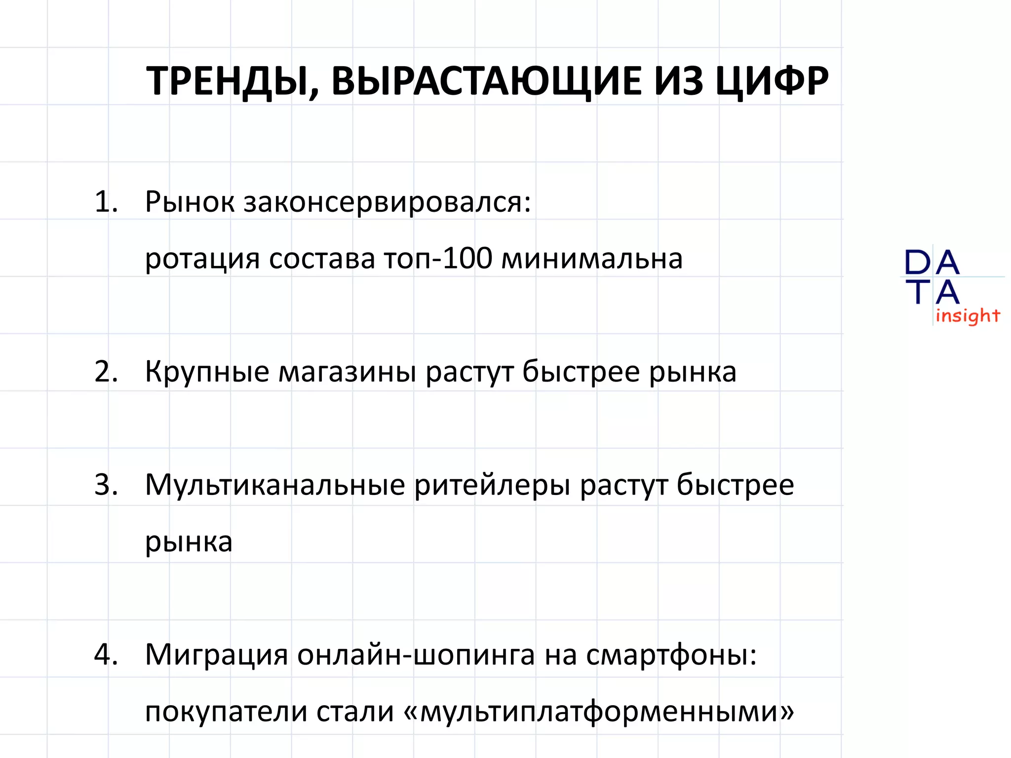 D
insight
AT
A
ТРЕНДЫ, ВЫРАСТАЮЩИЕ ИЗ ЦИФР
1. Рынок законсервировался:
ротация состава топ-100 минимальна
2. Крупные магазины растут быстрее рынка
3. Мультиканальные ритейлеры растут быстрее
рынка
4. Миграция онлайн-шопинга на смартфоны:
покупатели стали «мультиплатформенными»
 