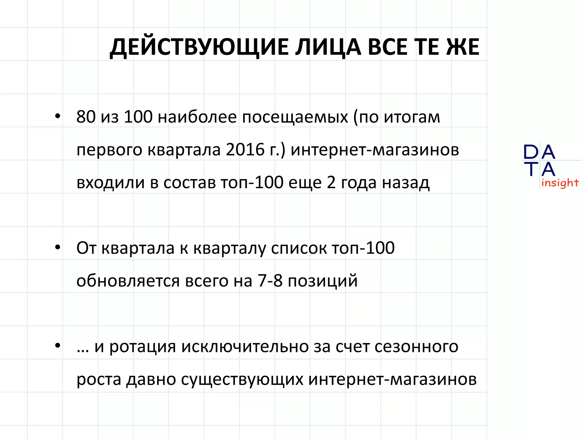 D
insight
AT
A
ДЕЙСТВУЮЩИЕ ЛИЦА ВСЕ ТЕ ЖЕ
• 80 из 100 наиболее посещаемых (по итогам
первого квартала 2016 г.) интернет-магазинов
входили в состав топ-100 еще 2 года назад
• От квартала к кварталу список топ-100
обновляется всего на 7-8 позиций
• … и ротация исключительно за счет сезонного
роста давно существующих интернет-магазинов
 