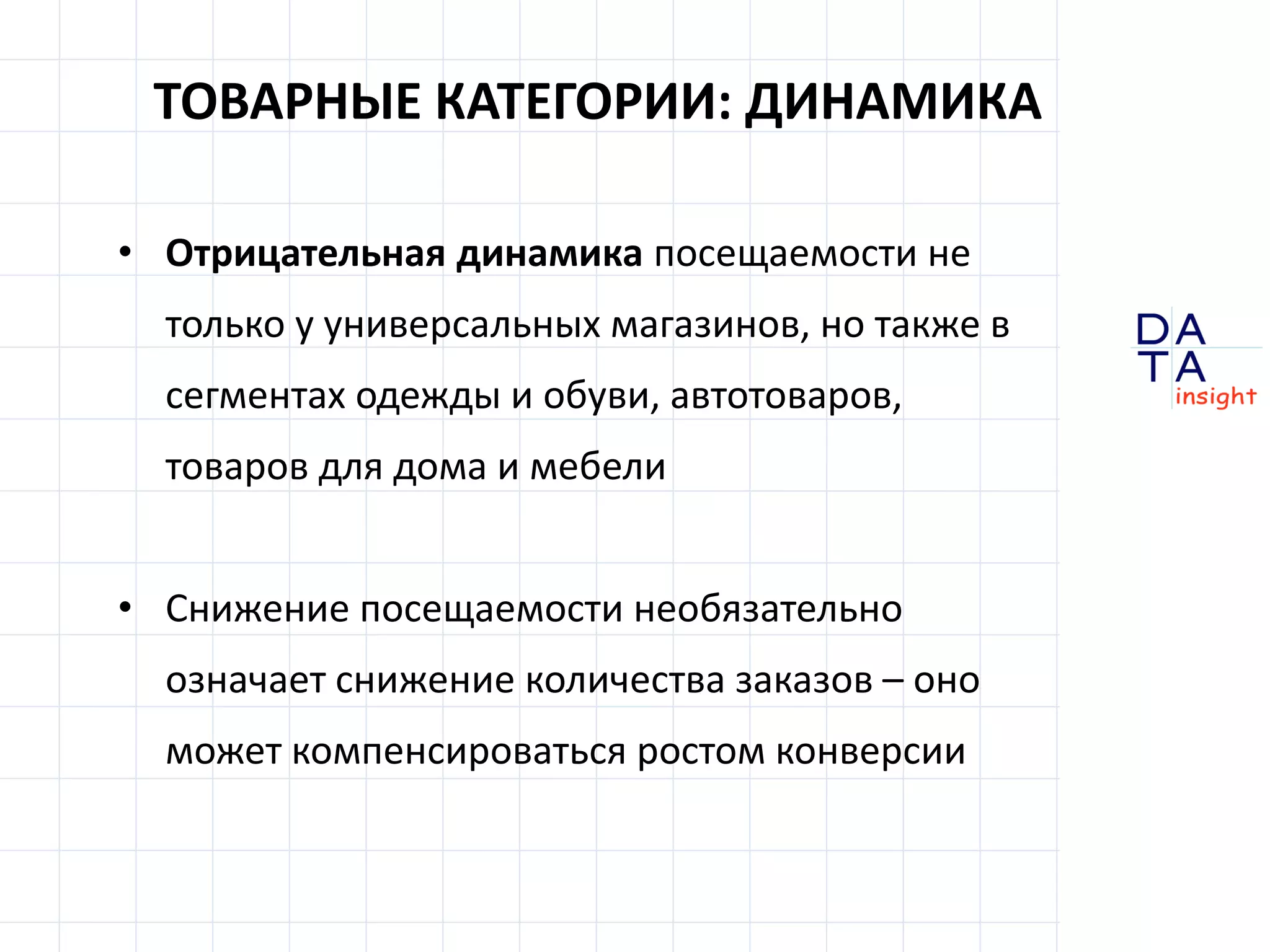 D
insight
AT
A
ТОВАРНЫЕ КАТЕГОРИИ: ДИНАМИКА
• Отрицательная динамика посещаемости не
только у универсальных магазинов, но также в
сегментах одежды и обуви, автотоваров,
товаров для дома и мебели
• Снижение посещаемости необязательно
означает снижение количества заказов – оно
может компенсироваться ростом конверсии
 