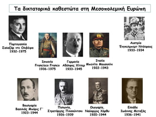 ΙταλίαΙταλία
Μπενίτο ΜουσολίνιΜπενίτο Μουσολίνι
1922-19431922-1943
ΙσπανίαΙσπανία
Francisco FrancoFrancisco Franco
1936-19751936-1975
Τα δικτατορικά καθεστώτα στη Μεσοπολεμική Ευρώπη
ΠορτογαλλίαΠορτογαλλία
Σαλαζάρ ντε ΟλιβέιραΣαλαζάρ ντε Ολιβέιρα
1932-19751932-1975
Ουγγαρία,Ουγγαρία,
Ναύαρχος ΧόρθυΝαύαρχος Χόρθυ
1920-19441920-1944
Πολωνία,Πολωνία,
Στρατάρχης ΠιλσούντσκιΣτρατάρχης Πιλσούντσκι
1926-19391926-1939
ΕλλάδαΕλλάδα
Ιωάννης ΜεταξάςΙωάννης Μεταξάς
1936-19411936-1941
ΓερμανίαΓερμανία
Αδόλφος ΧίτλερΑδόλφος Χίτλερ
1933-19451933-1945
ΒουλγαρίαΒουλγαρία
Βασιλιάς Μπόρις Γ΄Βασιλιάς Μπόρις Γ΄
1923-19441923-1944
ΑυστρίαΑυστρία
Ένγκελμπερτ ΝτόλφουςΈνγκελμπερτ Ντόλφους
1933-19341933-1934
 