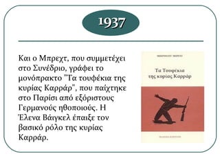 Και ο Μπρεχτ, που συμμετέχει
στο Συνέδριο, γράφει το
μονόπρακτο "Τα τουφέκια της
κυρίας Καρράρ", που παίχτηκε
στο Παρίσι από εξόριστους
Γερμανούς ηθοποιούς. Η
Έλενα Βάιγκελ έπαιξε τον
βασικό ρόλο της κυρίας
Καρράρ.
19371937
 