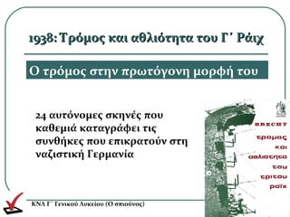 1938: Τρόμος και αθλιότητα του Γ΄ Ράιχ1938: Τρόμος και αθλιότητα του Γ΄ Ράιχ
24 αυτόνομες σκηνές που
καθεμιά καταγράφει τις
συνθήκες που επικρατούν στη
ναζιστική Γερμανία
Ο τρόμος στην πρωτόγονη μορφή του
ΚΝΛ Γ΄ Γενικού Λυκείου (Ο σπιούνος)
 