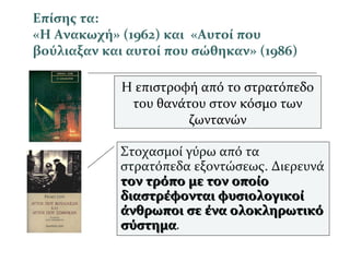 Επίσης τα:
«Η Ανακωχή» (1962) και «Αυτοί που
βούλιαξαν και αυτοί που σώθηκαν» (1986)
Η επιστροφή από το στρατόπεδο
του θανάτου στον κόσμο των
ζωντανών
Στοχασμοί γύρω από τα
στρατόπεδα εξοντώσεως. Διερευνά
τον τρόπο με τον οποίοτον τρόπο με τον οποίο
διαστρέφονται φυσιολογικοίδιαστρέφονται φυσιολογικοί
άνθρωποι σε ένα ολοκληρωτικόάνθρωποι σε ένα ολοκληρωτικό
σύστημασύστημα.
 