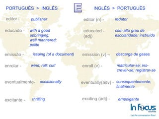 PORTUGUÊS  >  INGLÊS INGLÊS  >  PORTUGUÊS editor - educado - emissão - enrolar - eventualmente- excitante -   editor (n) - educated -(adj)  emission (v) – enroll (v) - eventually(adv) -   exciting (adj) -   publisher with a good  upbringing; well mannered;  polite wind; roll; curl issuing (of a document) occasionally thrilling redator com alto grau de escolaridade; instruído descarga de gases matricular-se; ins-crever-se; registrar-se consequentemente; finalmente empolgante 
