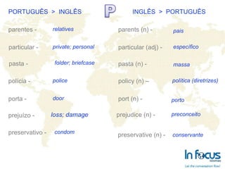 PORTUGUÊS  >  INGLÊS INGLÊS  >  PORTUGUÊS parentes - particular - pasta - polícia - porta - prejuízo -   preservativo - parents (n) - particular (adj) -  pasta (n) -   policy (n) – port (n) - prejudice (n) -  preservative (n) -   relatives private; personal police folder; briefcase door loss; damage condom pais específico massa política (diretrizes) porto preconceito conservante 