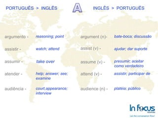PORTUGUÊS  >  INGLÊS INGLÊS  >  PORTUGUÊS argumento - assistir - assumir - atender - audiência - argument (n)- assist (v) -   assume (v) -   attend (v) - audience (n) -  reasoning; point watch; attend help; answer; see; examine take over court,appearance; interview bate-boca; discussão ajudar; dar suporte presumir; aceitar  como verdadeiro assistir; participar de platéia; público 