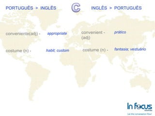 PORTUGUÊS  >  INGLÊS INGLÊS  >  PORTUGUÊS conveniente(adj) - costume (n) - convenient - (adj) costume (n) -   appropriate habit; custom prático fantasia; vestuário 