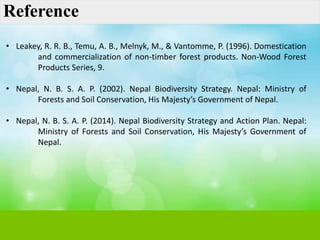 Reference
• Leakey, R. R. B., Temu, A. B., Melnyk, M., & Vantomme, P. (1996). Domestication
and commercialization of non-timber forest products. Non-Wood Forest
Products Series, 9.
• Nepal, N. B. S. A. P. (2002). Nepal Biodiversity Strategy. Nepal: Ministry of
Forests and Soil Conservation, His Majesty’s Government of Nepal.
• Nepal, N. B. S. A. P. (2014). Nepal Biodiversity Strategy and Action Plan. Nepal:
Ministry of Forests and Soil Conservation, His Majesty’s Government of
Nepal.
 