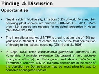 Finding & Discussion
Opportunities
• Nepal is rich in biodiversity, it harbors 3.2% of world flora and 284
flowering plant species are endemic (GON/MoFSC, 2014). More
than 1624 species are reported for medicinal properties in Nepal
(GON/MoFSC,2002).
• The international market of NTFP is growing at the rate of 15% per
year and in Nepal NTFPs contributes 5% of the total contribution
of forestry to the national economy. (Ghimire et al., 2008)
• In Nepal IUCN listed Nardostachys grandiflora (Jatamaasi) as
Vulnerable, Rauwolfia serpentine (Sarpagandha) and Michelia
champaca (Champ) as Endangered and Acacia catechu as
Threatened. (Amatya, S.M.,2016).Many species are in the stage of
the depletion so Domestication may be most plausible way to
conserve endangered species.
 