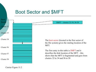 Boot Sector and $MFT
Boot
Sector
Cluster 32
Cluster 33
Cluster 58
Cluster 57
Cluster 56
Cluster 34
$MFT – clusters 32-34, 56-58
The boot sector (located in the first sector of
the file system) gives the starting location of the
MFT.
The first entry in this table is $MFT and it
describes the disk location of the MFT – this
shows that the MFT is fragmented and goes from
clusters 32 to 34 and 56 to 58
Carrier Figure 11.2
 