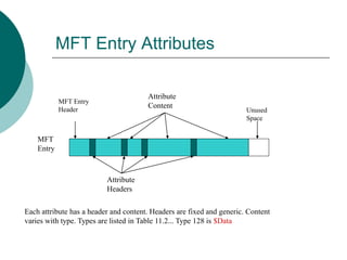 MFT Entry Attributes
MFT
Entry
Attribute
Content
MFT Entry
Header Unused
Space
Attribute
Headers
Each attribute has a header and content. Headers are fixed and generic. Content
varies with type. Types are listed in Table 11.2... Type 128 is $Data
 