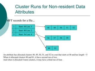 Cluster Runs for Non-resident Data
Attributes
MFT records for a file...
1
3
2
Start: 48 Len: 5
Start: 80 Len: 2
Start: 56 Len: 4
48 49 50 51 52
57
56 59
58
81
80
An attribute has allocated clusters 48, 49, 50, 51, and 52 in a run that starts at 48 and has length = 5
When it allocated clusters 80 and 81, it has a second run of two.
And when it allocated 4 more clusters, it may have a third run of four.
 