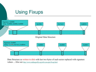 Using Fixups
Signature: 0x0000
Array: 0x0000, 0x0000, 0x0000 0x3596 0x7A12 0xBF81
Original Data Structure
Signature: 0x0001
Array: 0x3596, 0x7A12, 0xBF81 0x0001 0x0001 0x0001
Data Structure as written to disk with last two bytes of each sector replaced with signature
values ... Also see http://www.reddragonfly.org/ntfs/concepts/fixup.html
 