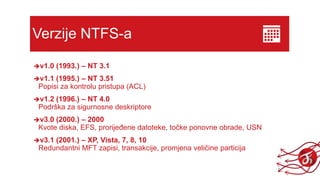 Verzije NTFS-a
v1.0 (1993.) – NT 3.1
v1.1 (1995.) – NT 3.51
Popisi za kontrolu pristupa (ACL)
v1.2 (1996.) – NT 4.0
Podrška za sigurnosne deskriptore
v3.0 (2000.) – 2000
Kvote diska, EFS, prorijeđene datoteke, točke ponovne obrade, USN
v3.1 (2001.) – XP, Vista, 7, 8, 10
Redundantni MFT zapisi, transakcije, promjena veličine particija
 