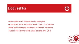 Boot sektor
Prvi sektor NTFS particije koji se popunjava
Dva bloka: BIOS Parameter Block i Boot Code Volume
BPB sadrži temeljne informacije o samome volumenu
Boot Code Volume sadrži upute za učitavanje OS-a
 