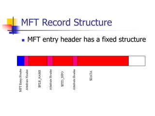 MFT Record Structure
 MFT entry header has a fixed structure
 