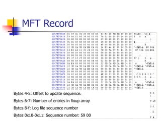 MFT Record
Bytes 4-5: Offset to update sequence.
Bytes 6-7: Number of entries in fixup array
Bytes 8-f: Log file sequence number
Bytes 0x10-0x11: Sequence number: 59 00
 