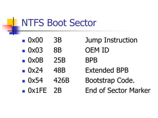NTFS Boot Sector
 0x00 3B Jump Instruction
 0x03 8B OEM ID
 0x0B 25B BPB
 0x24 48B Extended BPB
 0x54 426B Bootstrap Code.
 0x1FE 2B End of Sector Marker
 