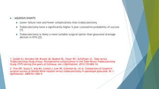  AQUEOUS SHUNTS
 Lower failure rate and fewer complications than trabeculectomy
 Trabeculectomy have a significantly higher 5 year cumulative probability of success
[1]
 Trabeculectomy is likely a more suitable surgical option than glaucoma drainage
devices in NTG [2]
1. Gedde SJ, Herndon LW, Brandt JD, Budenz DL, Feuer WJ, Schiffman JC. Tube versus
Trabeculectomy Study Group. Postoperative complications in the Tube Versus Trabeculectomy
Study (TVT) during five years of followup. Am J Ophthalmol. 2012;153:804–14.
2. Tran DH, Souza C, Ang MJ, Loman J, Law SK, Coleman AL, et al. Comparison of longterm
surgical success of Ahmed Valve implant versus trabeculectomy in openangle glaucoma. Br J
Ophthalmol. 2009;93:1504–9.
 